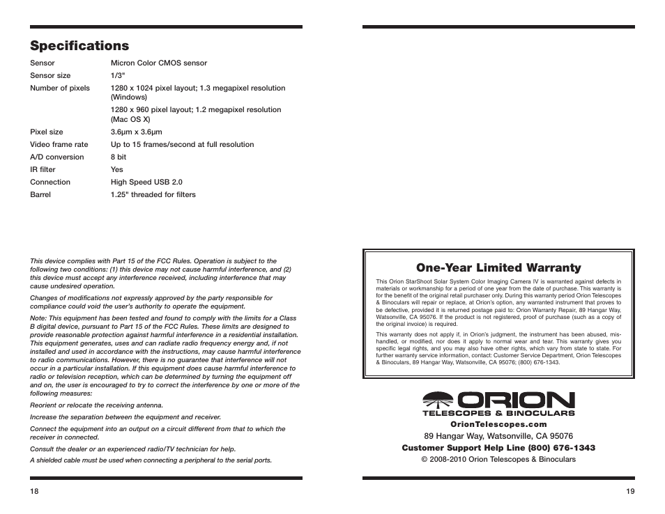 Specifications, One-year limited warranty | Orion STAR SHOOT 52175 User Manual | Page 10 / 10