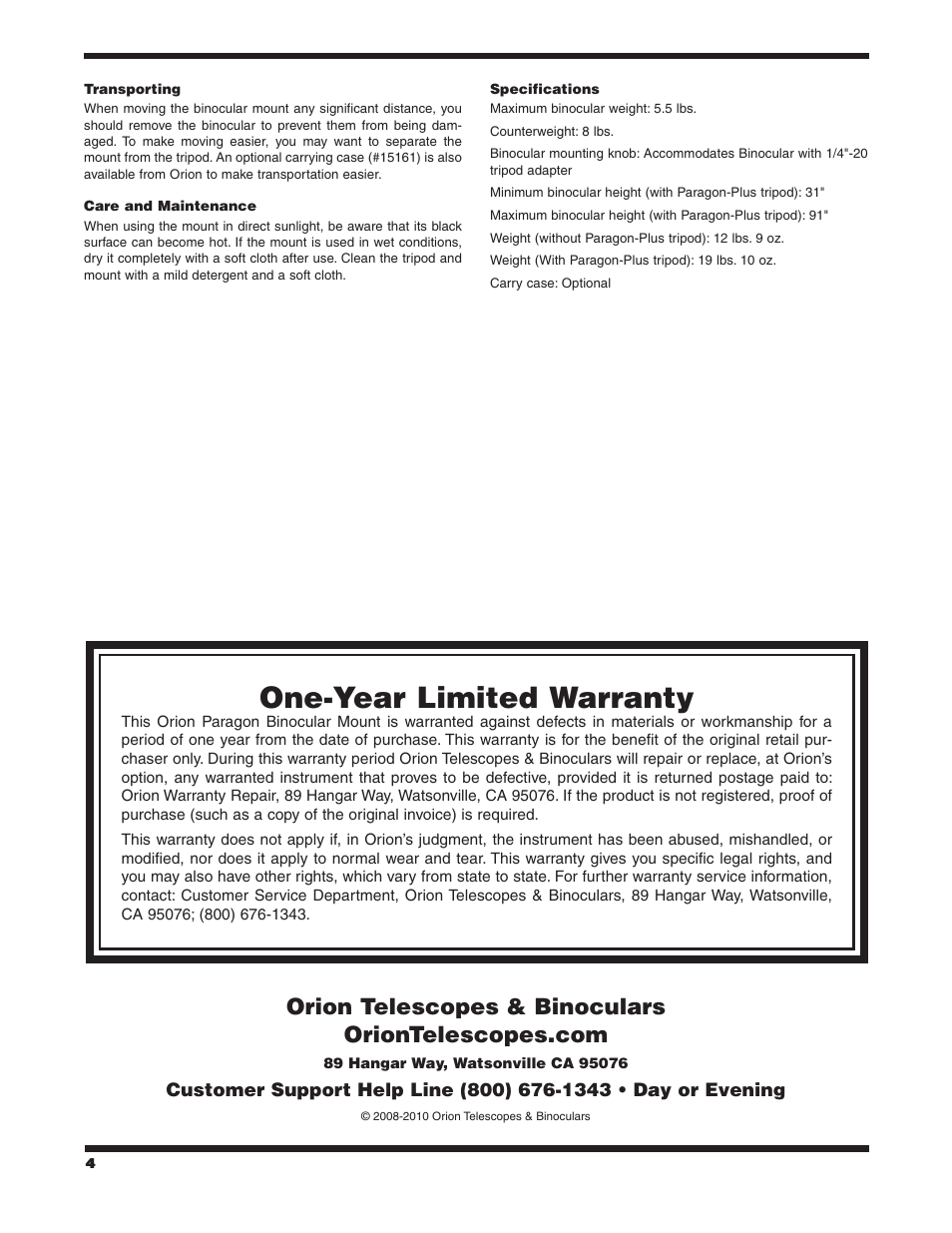 One-year limited warranty | Orion PARAGON-PLUS 5379 User Manual | Page 4 / 4