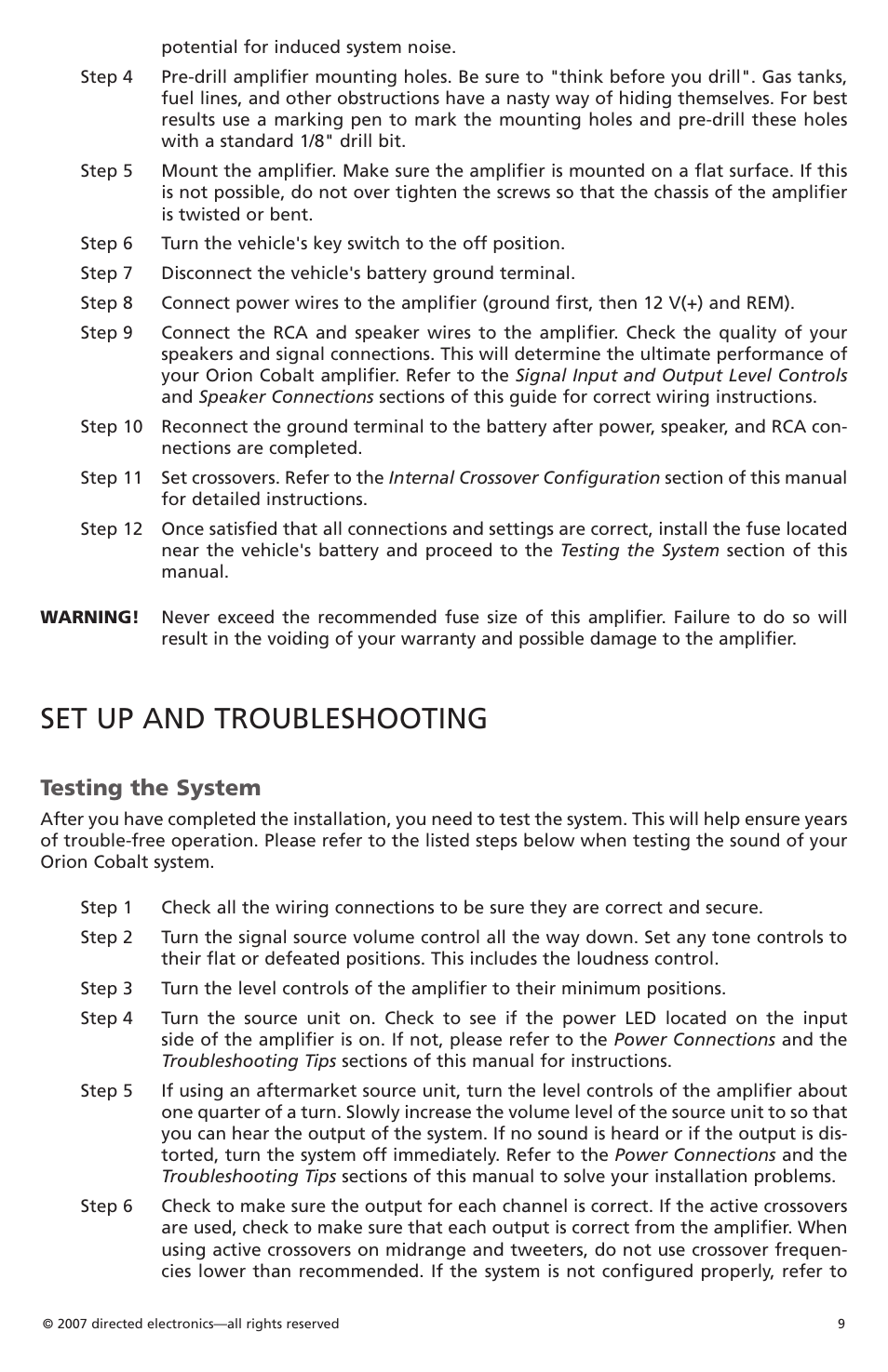 Set up and troubleshooting, Testing the system | Orion CobaltTM G42110 User Manual | Page 10 / 66