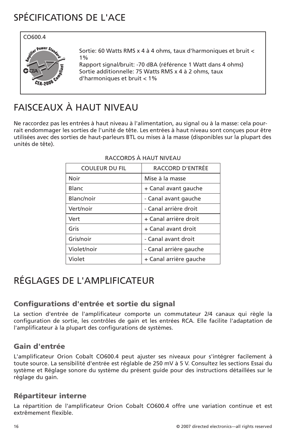 Spécifications de l'ace, Faisceaux à haut niveau, Réglages de l'amplificateur | Configurations d'entrée et sortie du signal, Gain d'entrée, Répartiteur interne | Orion CobaltTM G42110 User Manual | Page 17 / 66