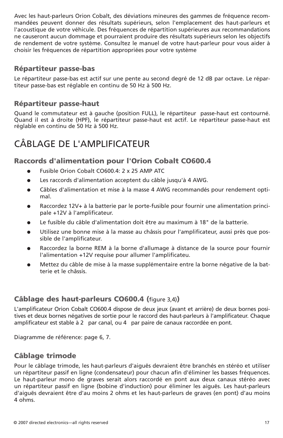Câblage de l'amplificateur, Répartiteur passe-bas, Répartiteur passe-haut | Câblage des haut-parleurs co600.4, Câblage trimode | Orion CobaltTM G42110 User Manual | Page 18 / 66