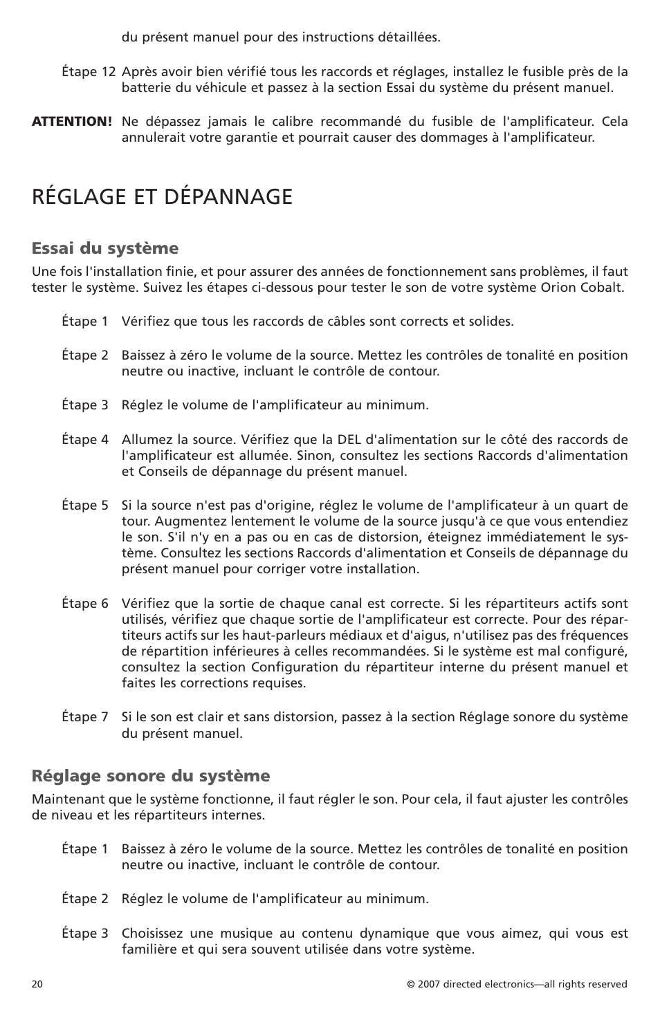 Réglage et dépannage, Essai du système, Réglage sonore du système | Orion CobaltTM G42110 User Manual | Page 21 / 66
