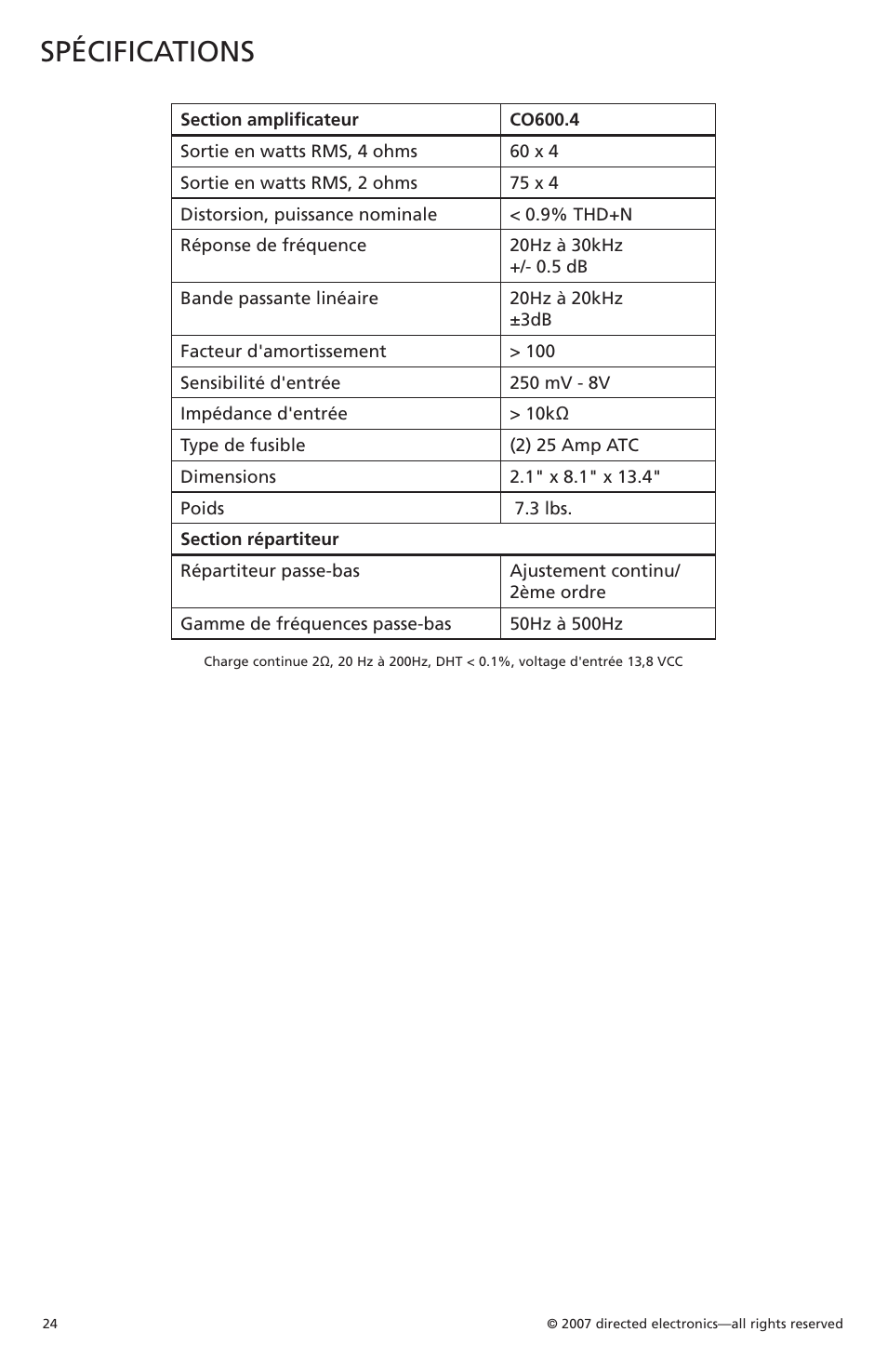 Spécifications | Orion CobaltTM G42110 User Manual | Page 25 / 66