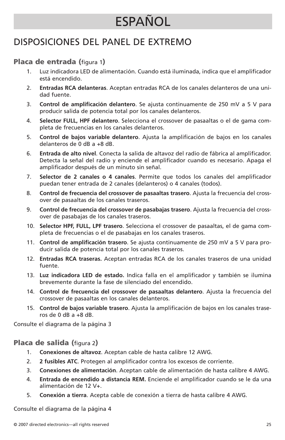 Español, Disposiciones del panel de extremo, Placa de entrada | Placa de salida | Orion CobaltTM G42110 User Manual | Page 26 / 66