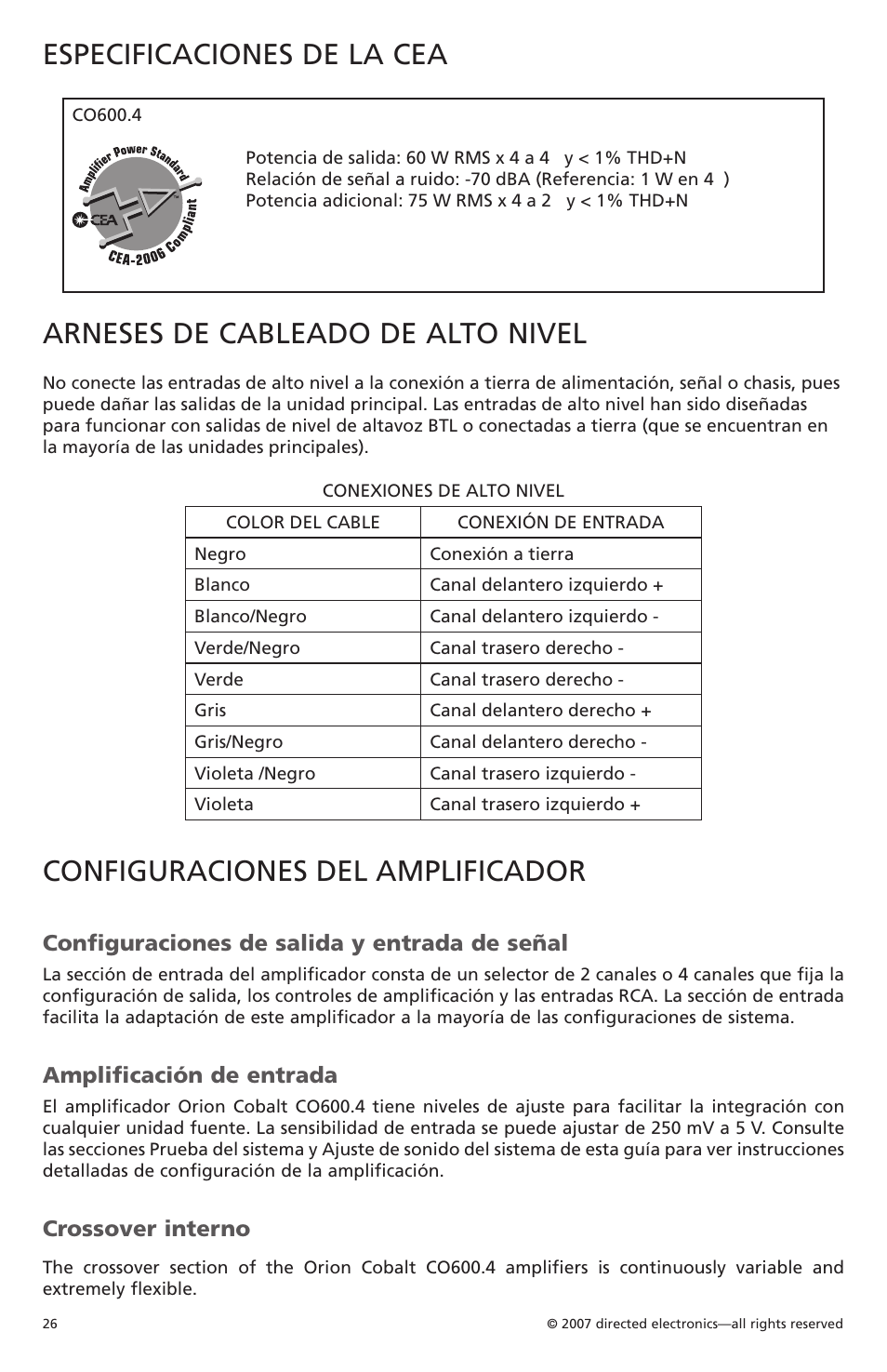 Especificaciones de la cea, Arneses de cableado de alto nivel, Configuraciones del amplificador | Configuraciones de salida y entrada de señal, Amplificación de entrada, Crossover interno | Orion CobaltTM G42110 User Manual | Page 27 / 66