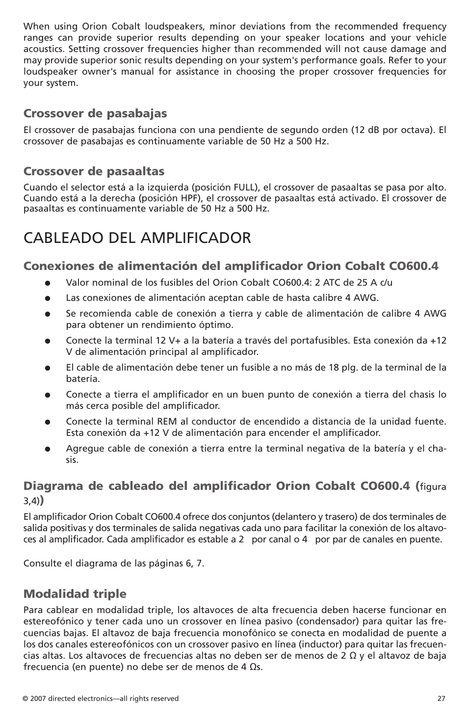 Cableado del amplificador, Crossover de pasabajas, Crossover de pasaaltas | Modalidad triple | Orion CobaltTM G42110 User Manual | Page 28 / 66