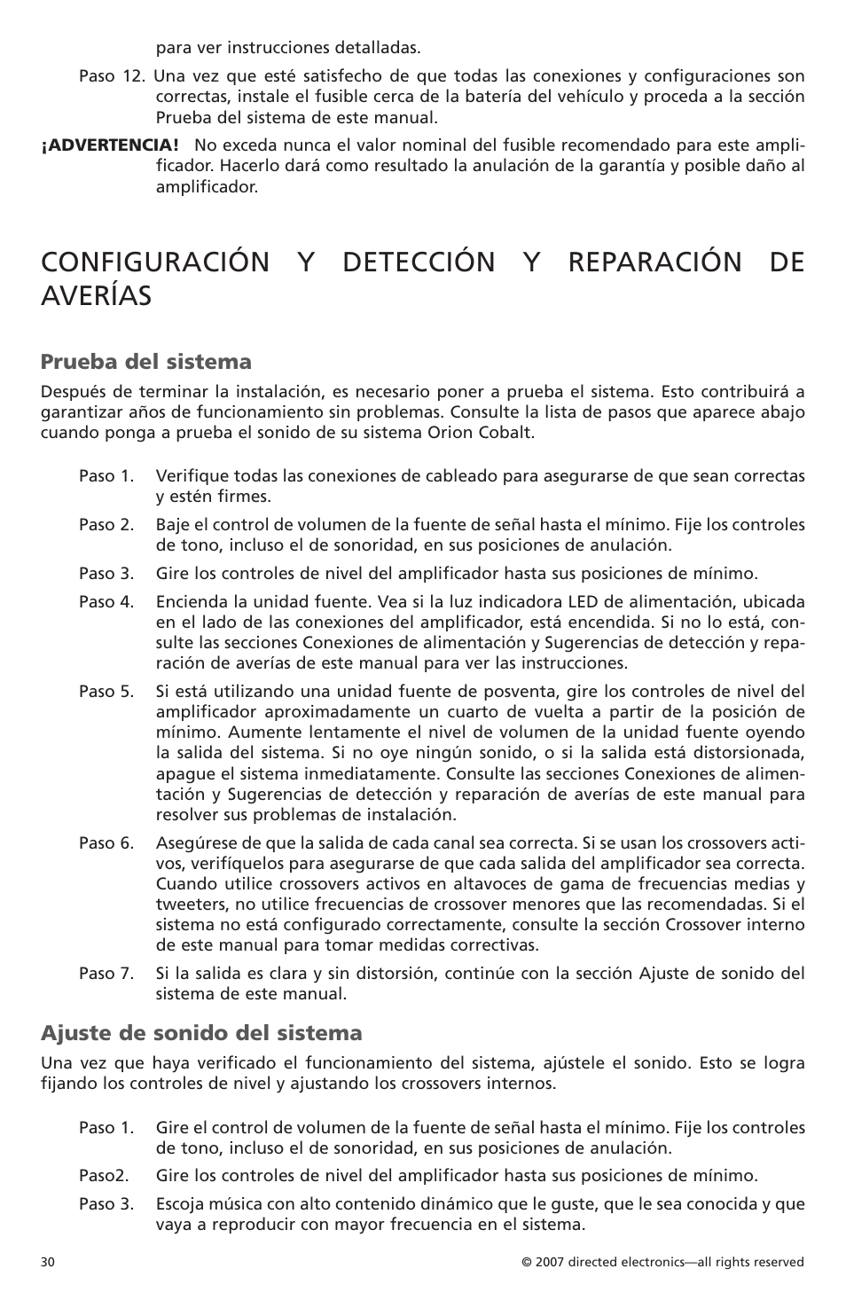 Configuración y detección y reparación de averías, Prueba del sistema, Ajuste de sonido del sistema | Orion CobaltTM G42110 User Manual | Page 31 / 66