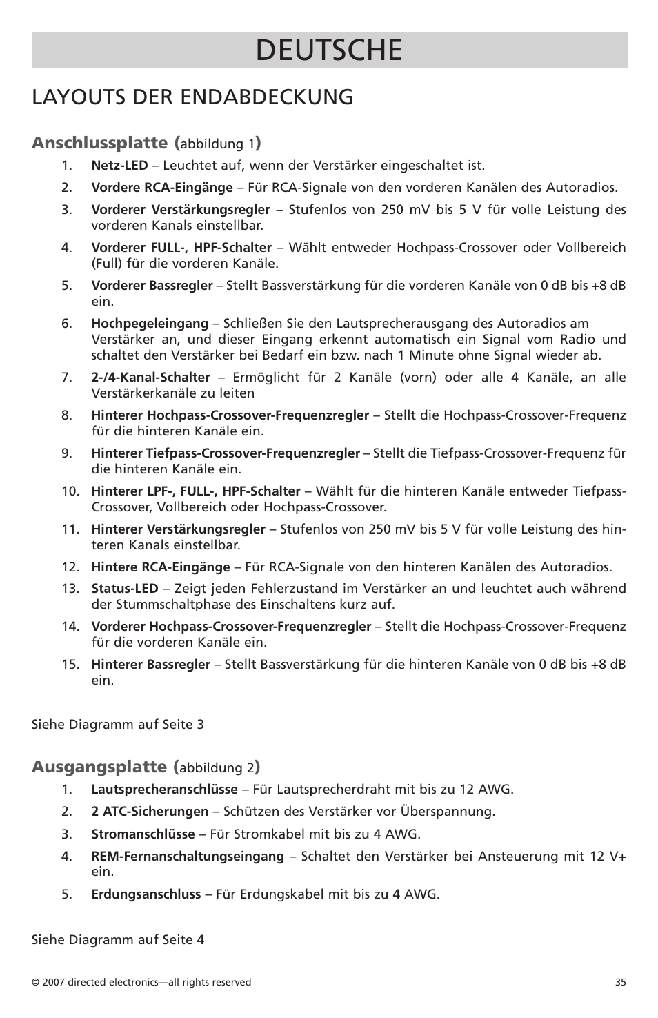 Deutsche, Layouts der endabdeckung, Anschlussplatte | Ausgangsplatte | Orion CobaltTM G42110 User Manual | Page 36 / 66