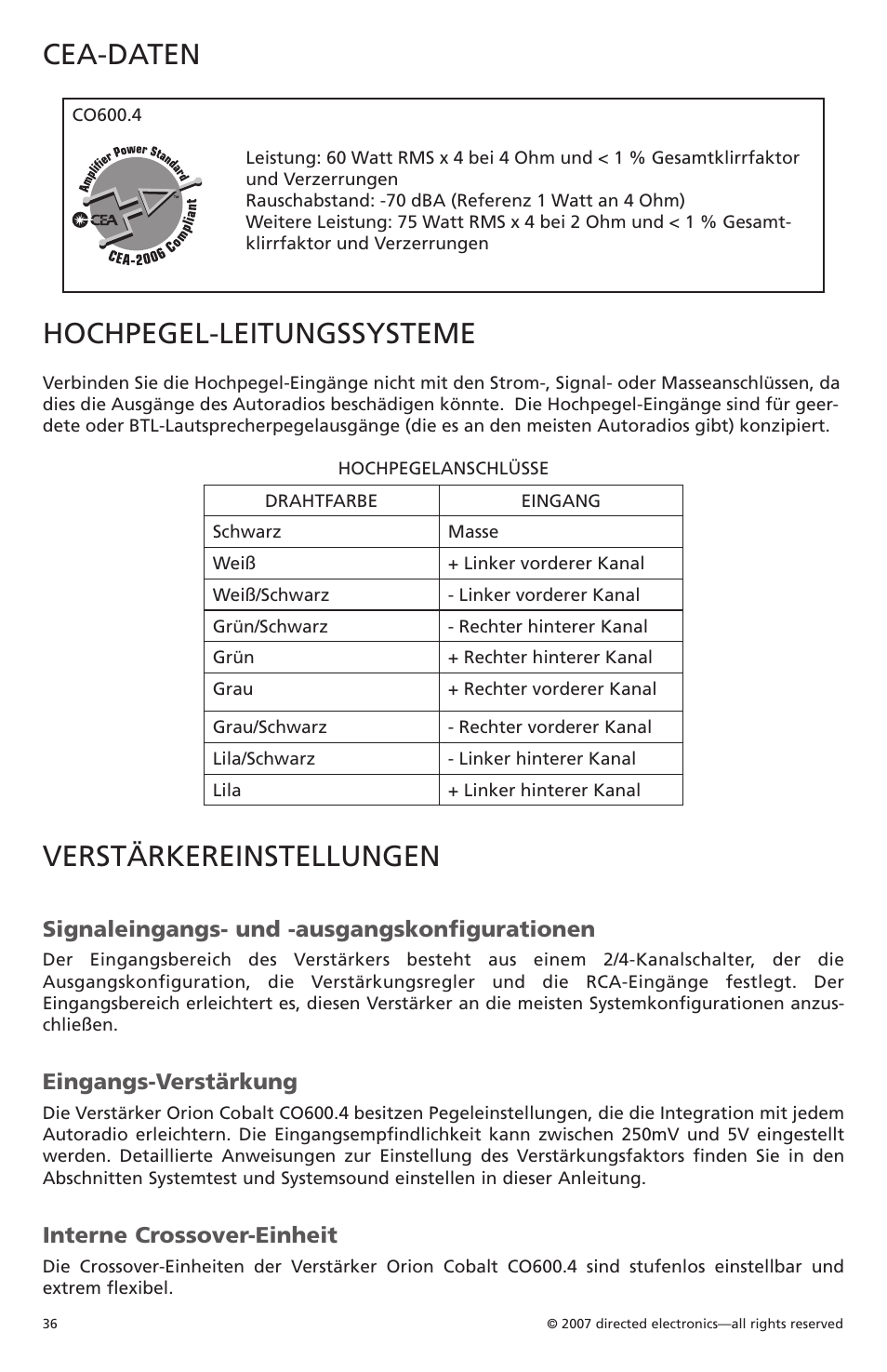 Cea-daten, Hochpegel-leitungssysteme, Verstärkereinstellungen | Signaleingangs- und -ausgangskonfigurationen, Eingangs-verstärkung, Interne crossover-einheit | Orion CobaltTM G42110 User Manual | Page 37 / 66