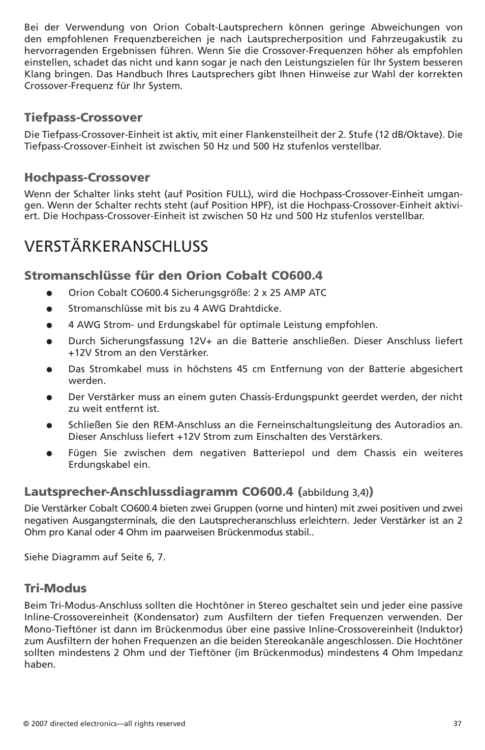 Verstärkeranschluss, Tiefpass-crossover, Hochpass-crossover | Stromanschlüsse für den orion cobalt co600.4, Lautsprecher-anschlussdiagramm co600.4, Tri-modus | Orion CobaltTM G42110 User Manual | Page 38 / 66