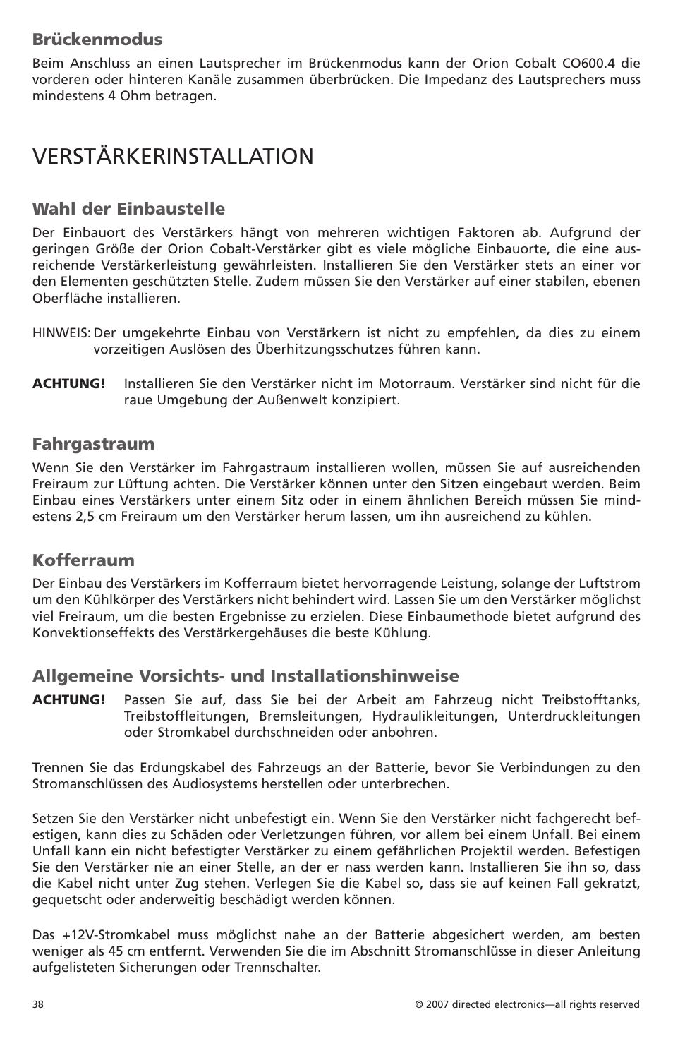 Verstärkerinstallation, Brückenmodus, Wahl der einbaustelle | Fahrgastraum, Kofferraum, Allgemeine vorsichts- und installationshinweise | Orion CobaltTM G42110 User Manual | Page 39 / 66
