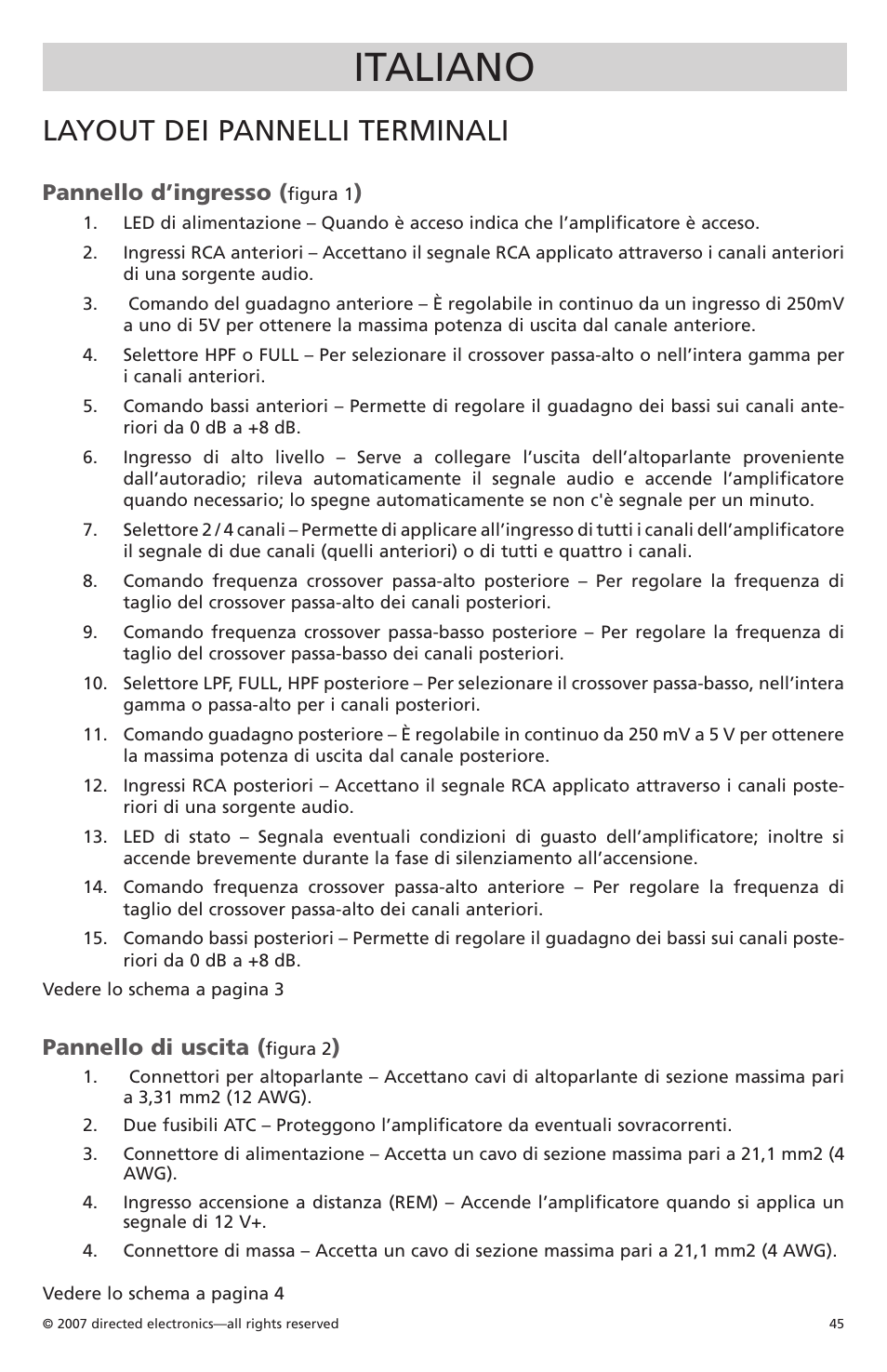 Italiano, Layout dei pannelli terminali, Pannello d’ingresso | Pannello di uscita | Orion CobaltTM G42110 User Manual | Page 46 / 66