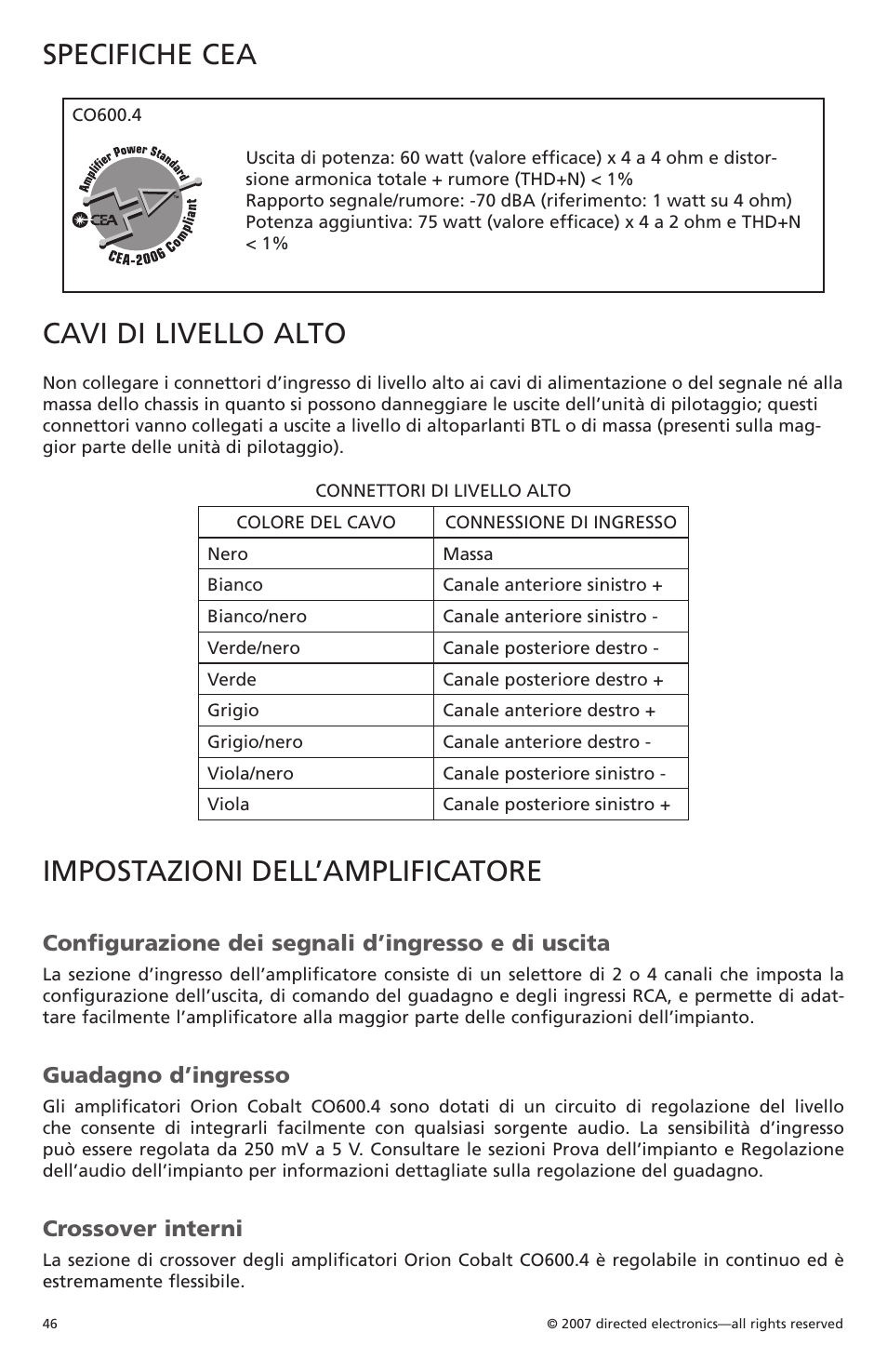 Specifiche cea, Cavi di livello alto, Impostazioni dell’amplificatore | Configurazione dei segnali d’ingresso e di uscita, Guadagno d’ingresso, Crossover interni | Orion CobaltTM G42110 User Manual | Page 47 / 66