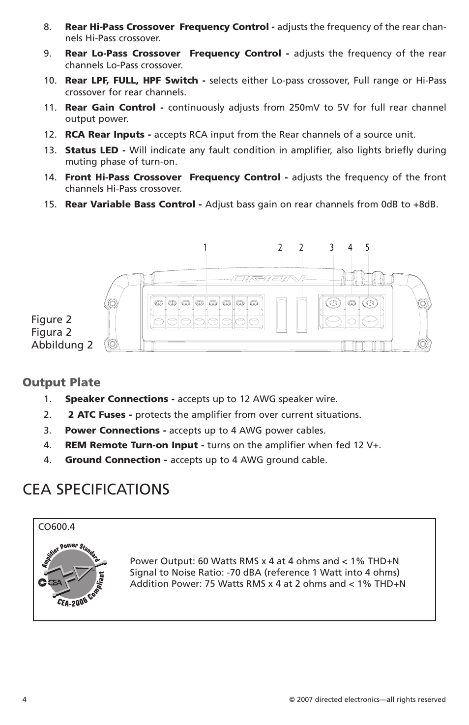 Cea specifications, Output plate | Orion CobaltTM G42110 User Manual | Page 5 / 66