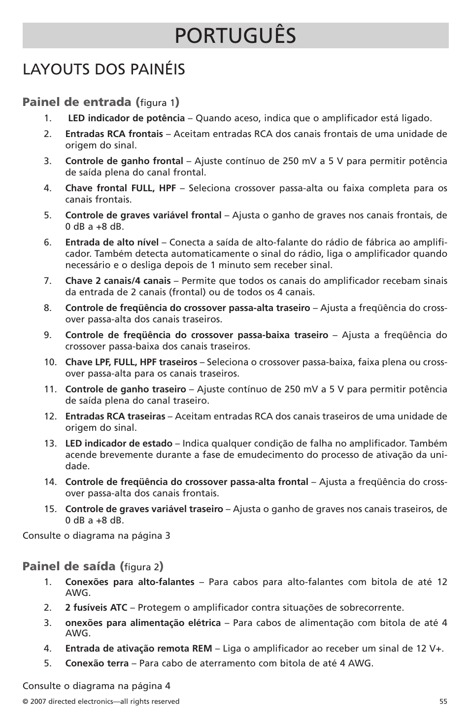 Português, Layouts dos painéis, Painel de entrada | Painel de saída | Orion CobaltTM G42110 User Manual | Page 56 / 66