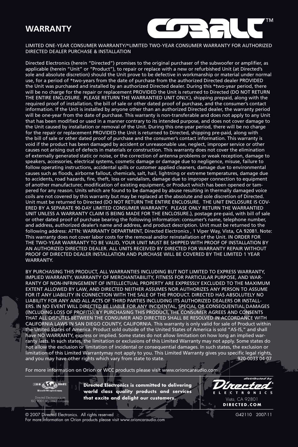 Warranty | Orion CobaltTM G42110 User Manual | Page 66 / 66
