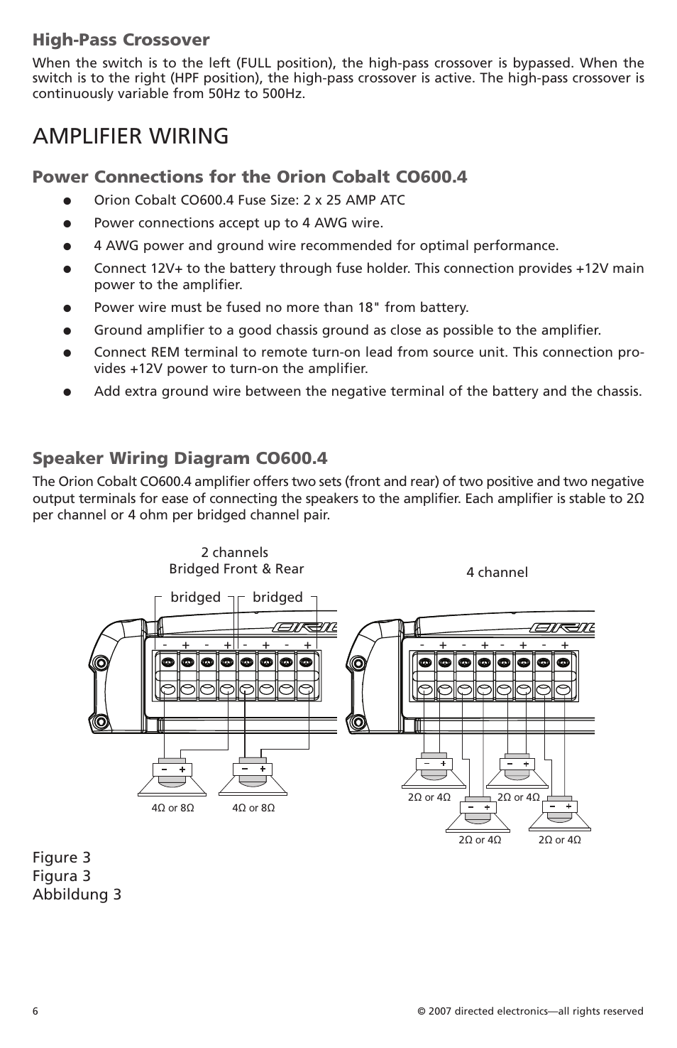 Amplifier wiring, High-pass crossover, Power connections for the orion cobalt co600.4 | Speaker wiring diagram co600.4, Front and rear in tri-mode, Figure 3 figura 3 abbildung 3 | Orion CobaltTM G42110 User Manual | Page 7 / 66
