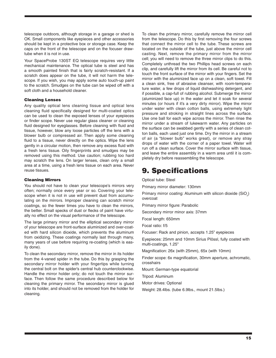 Specifications | Orion SPACEPROBE 130ST EQ User Manual | Page 15 / 16