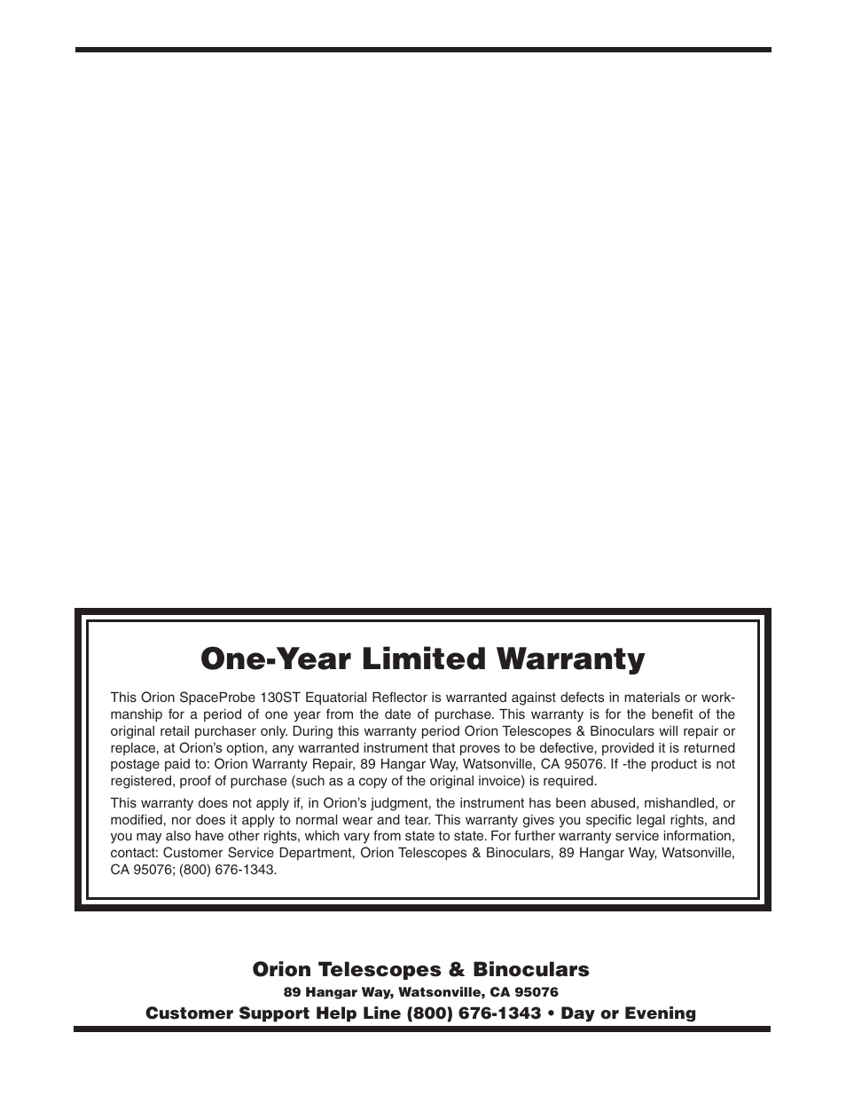 One-year limited warranty | Orion SPACEPROBE 130ST EQ User Manual | Page 16 / 16