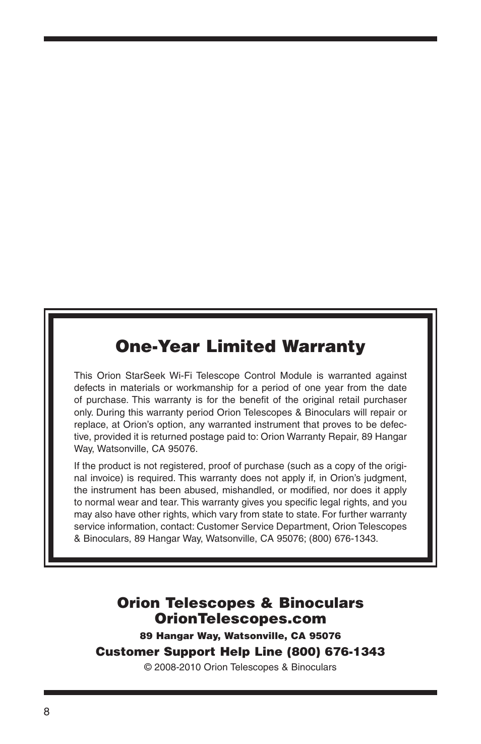 One-year limited warranty | Orion STARSEEK 5685 User Manual | Page 5 / 5