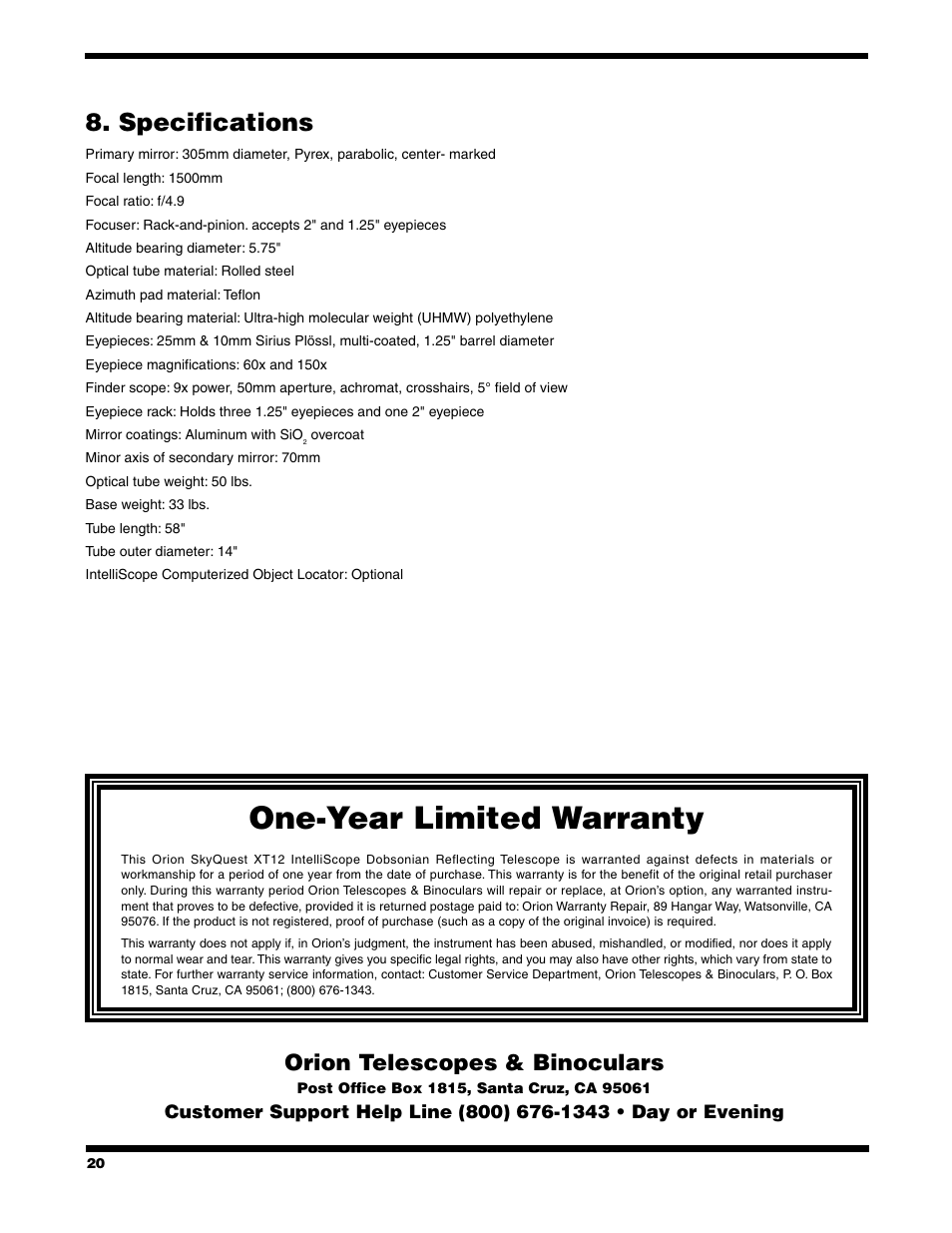 One-year limited warranty, Specifications, Orion telescopes & binoculars | Orion XT12 User Manual | Page 20 / 20