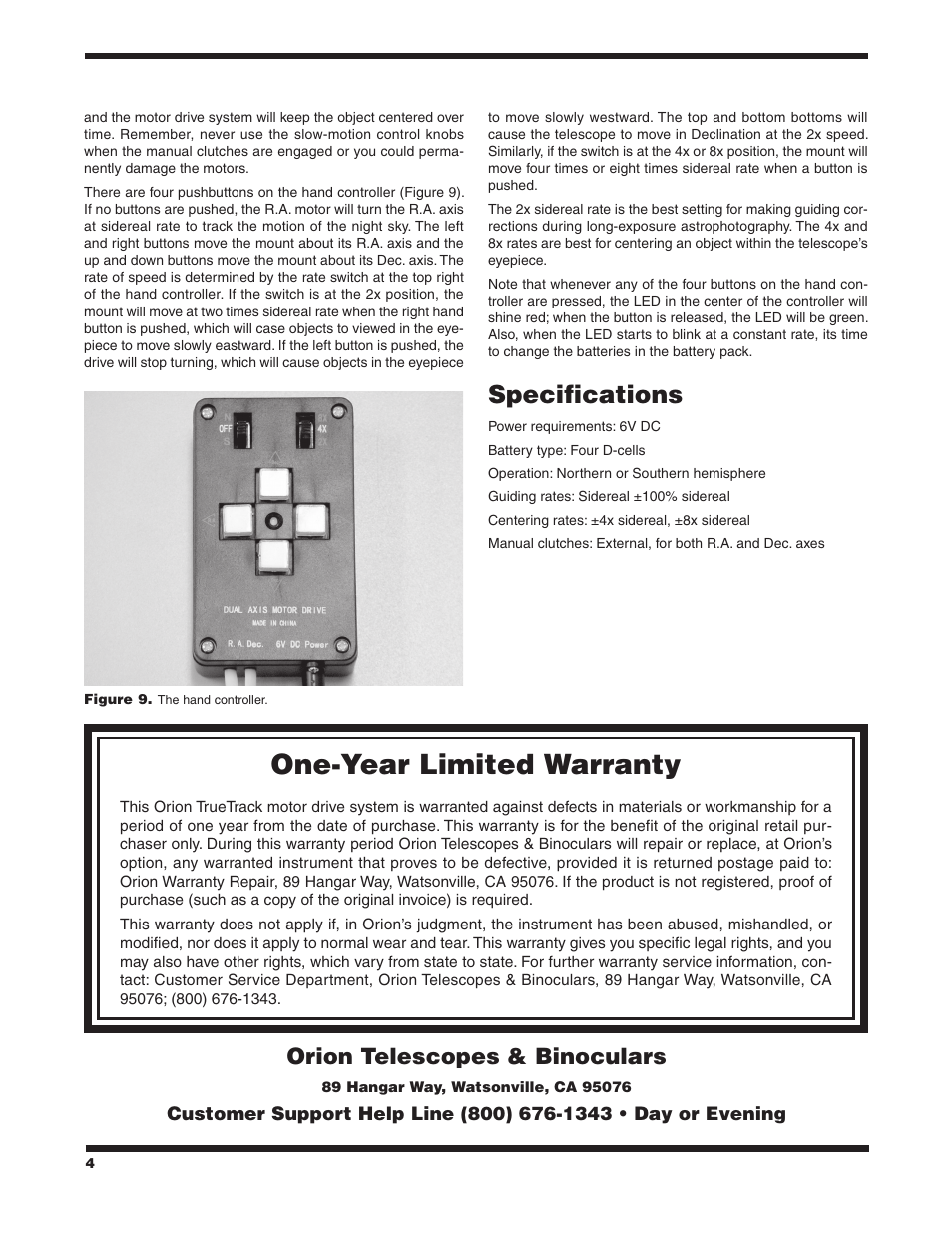 One-year limited warranty, Specifications, Orion telescopes & binoculars | Orion 7832 User Manual | Page 4 / 4