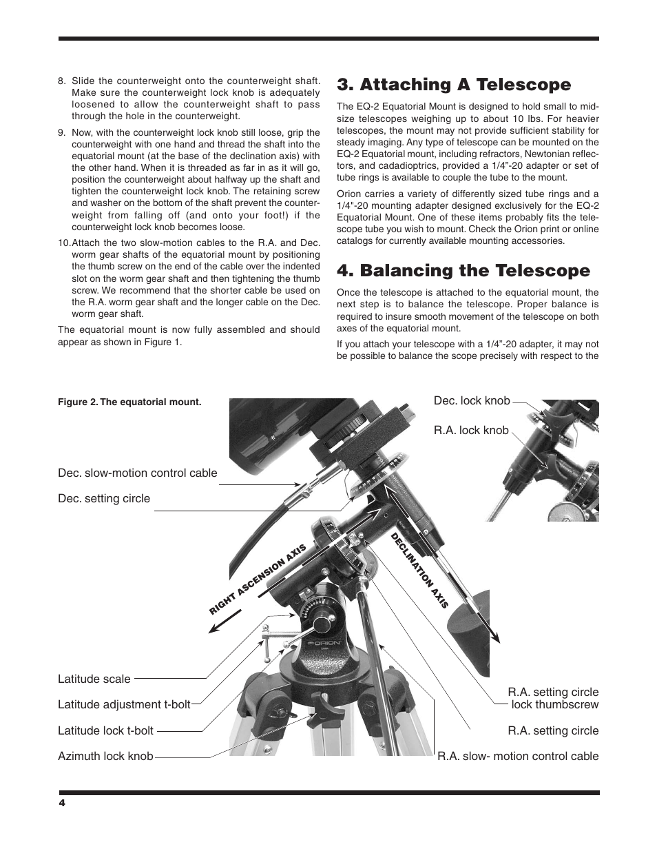 Attaching a telescope, Balancing the telescope | Orion EQ-2 EQUATORIAL MOUNT 9828 User Manual | Page 4 / 8