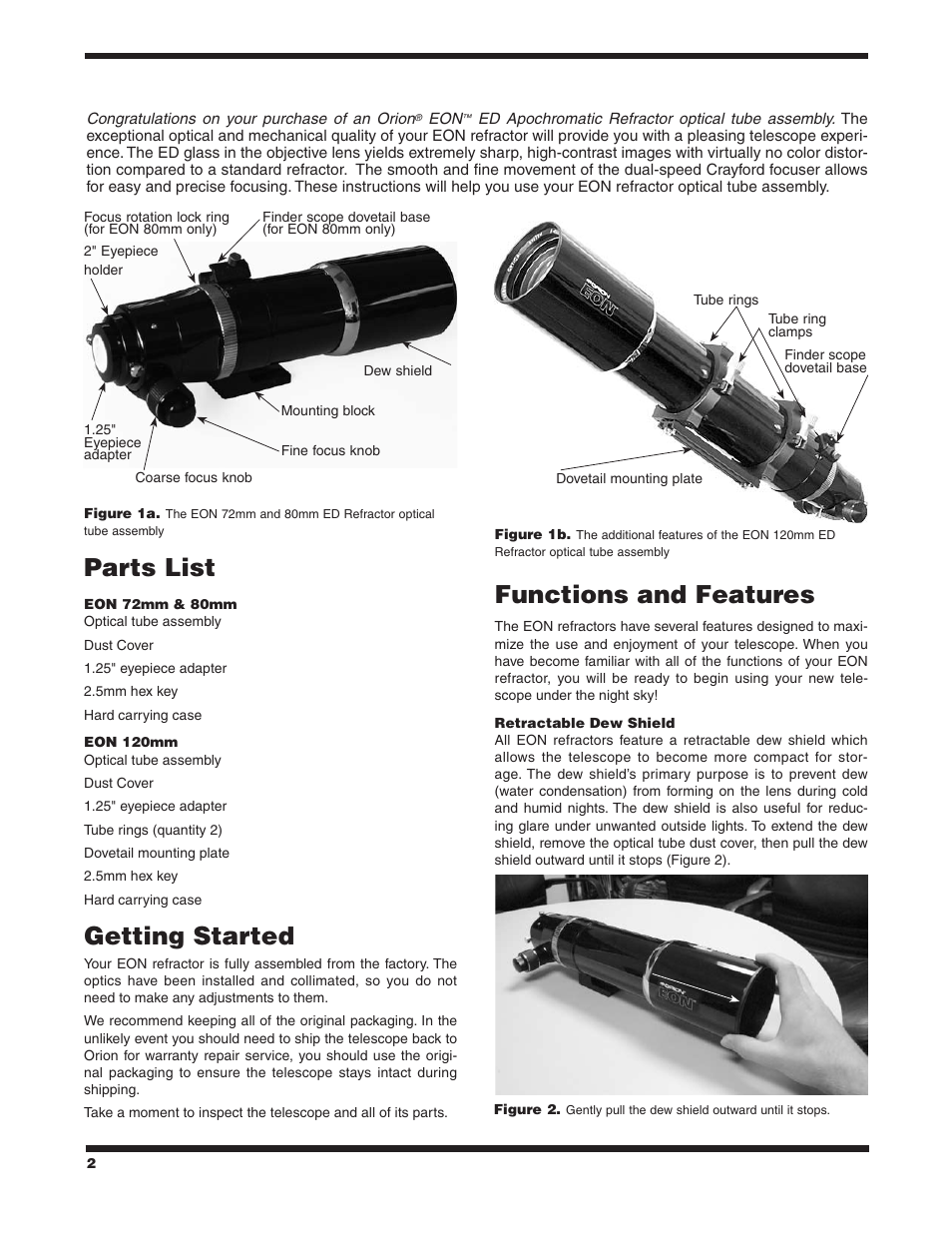 Parts list, Getting started, Functions and features | Orion EON 9925 User Manual | Page 2 / 8