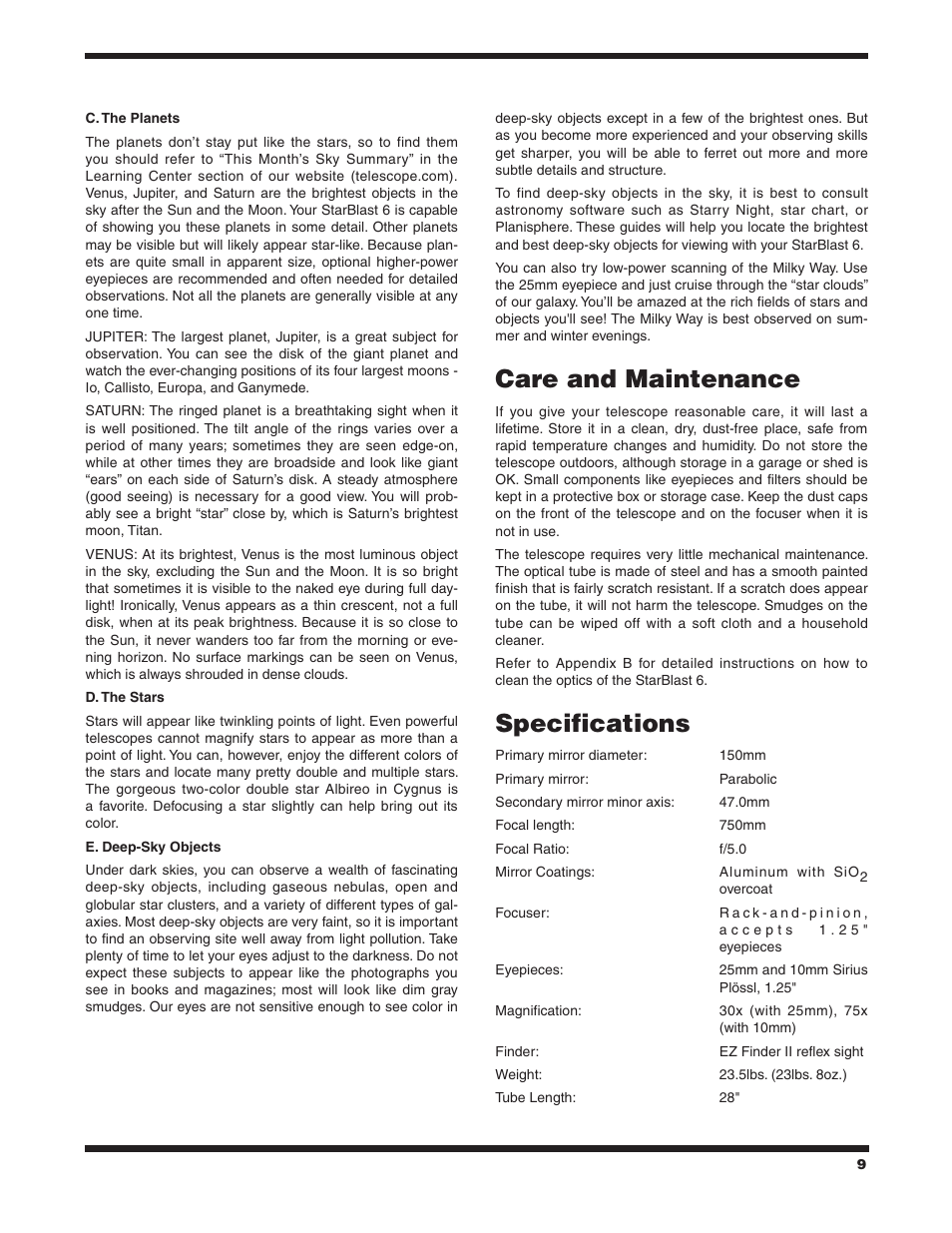 Care and maintenance, Specifications | Orion STARBLAST 6 9964 User Manual | Page 9 / 12