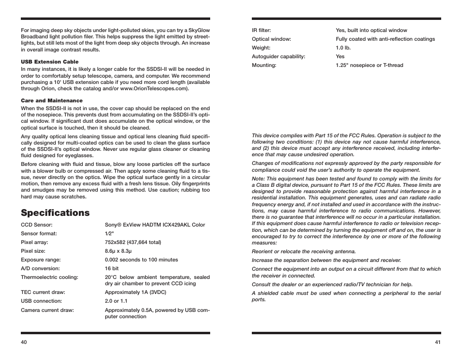 Speciﬁcations | Orion 52080 User Manual | Page 21 / 22