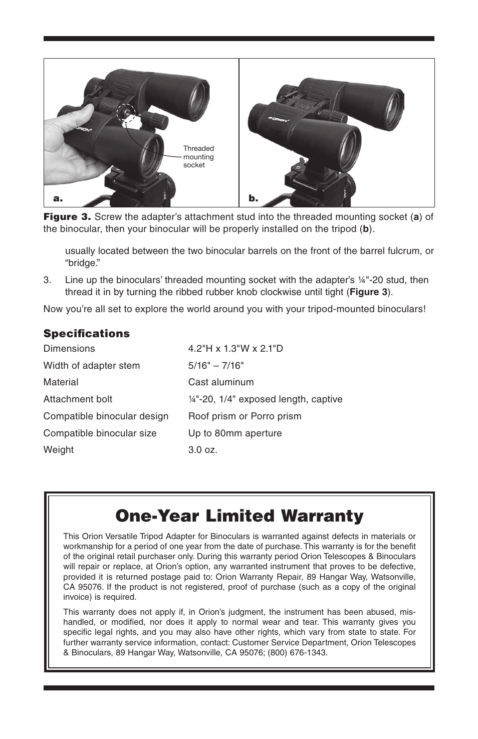 One-year limited warranty | Orion 5271 User Manual | Page 2 / 2