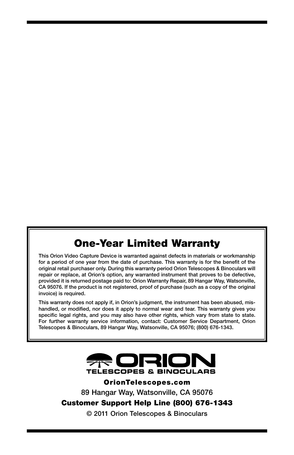 One-year limited warranty | Orion 52181 User Manual | Page 11 / 11