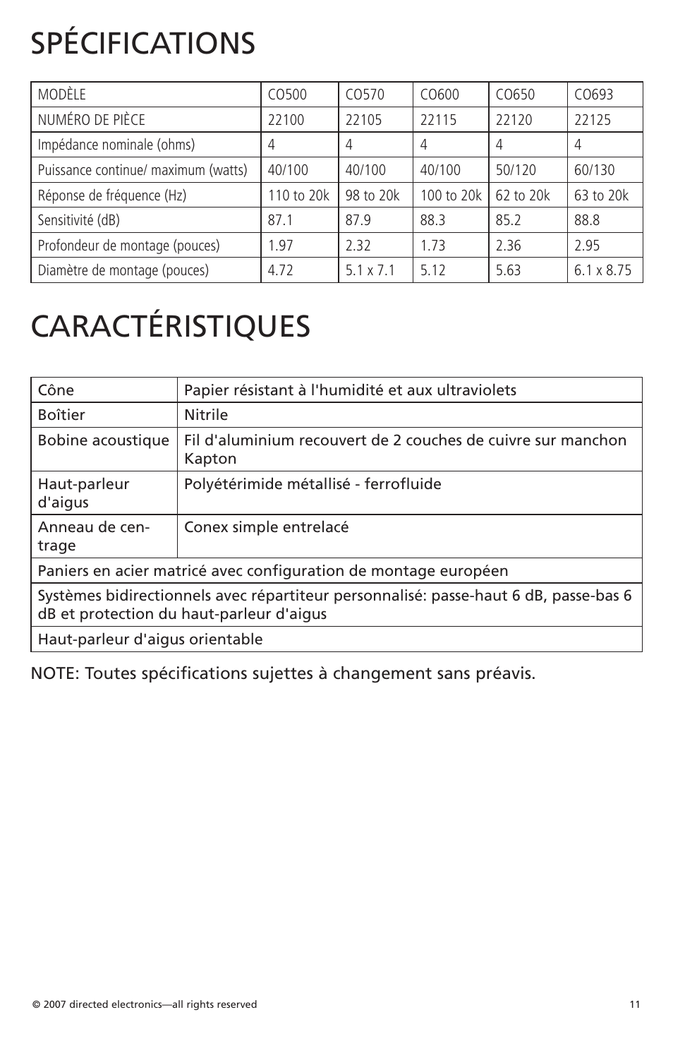 Spécifications, Caractéristiques | Orion CO650 User Manual | Page 11 / 24