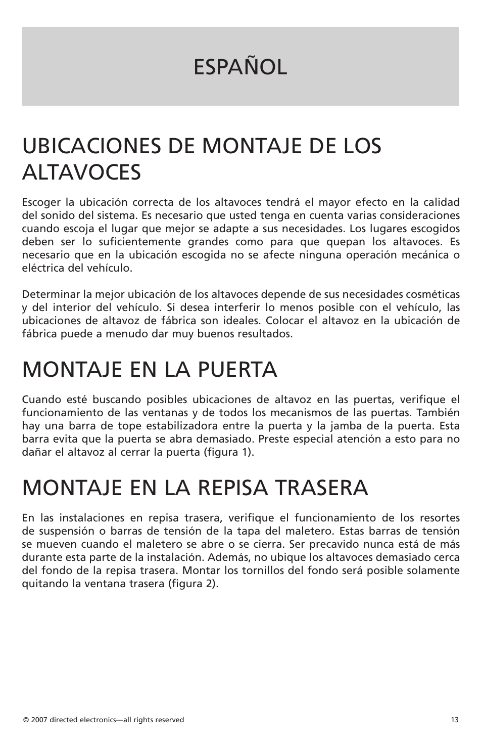 Español ubicaciones de montaje de los altavoces, Montaje en la puerta, Montaje en la repisa trasera | Orion CO650 User Manual | Page 12 / 24