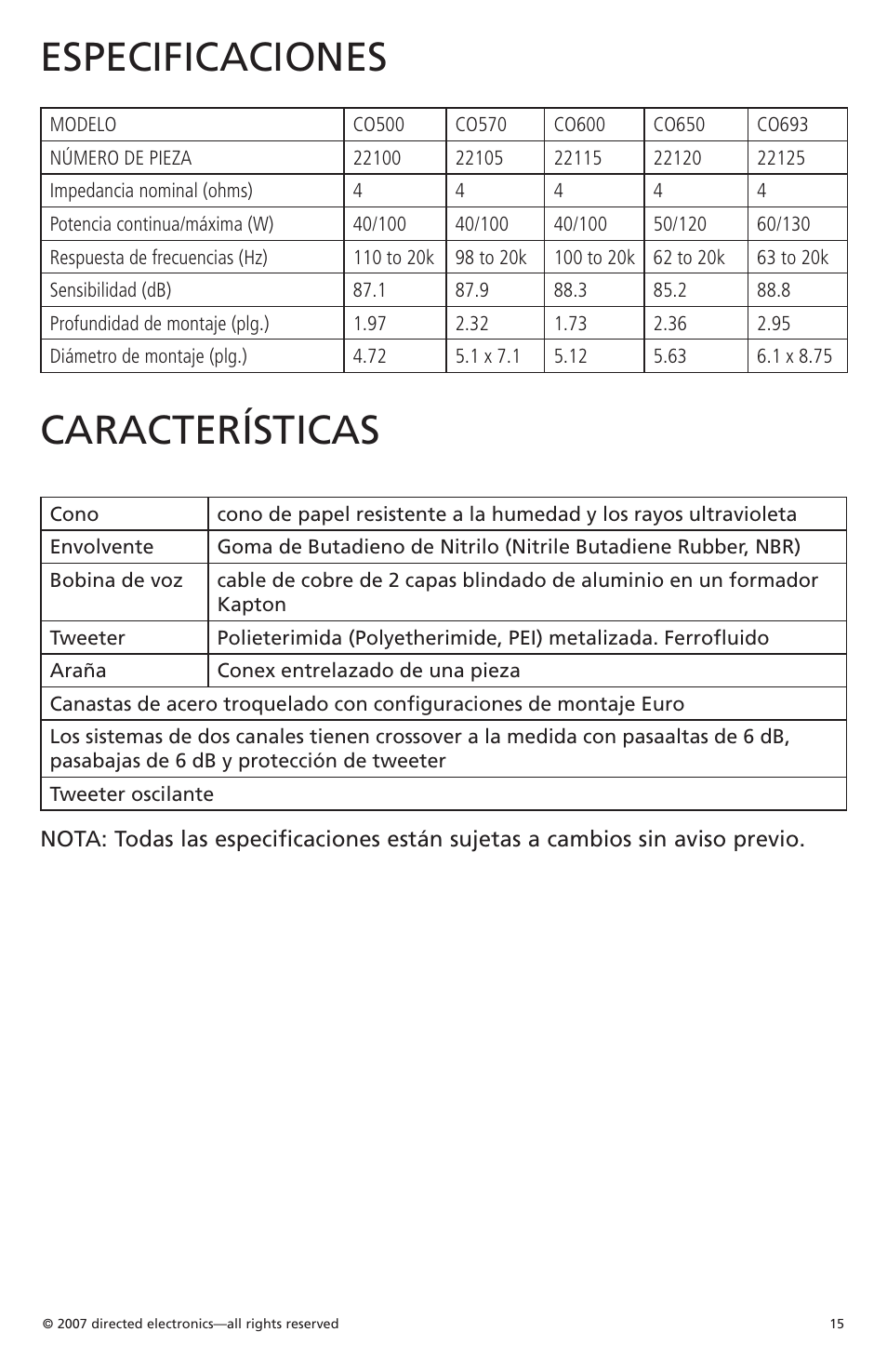 Especificaciones, Características | Orion CO650 User Manual | Page 14 / 24