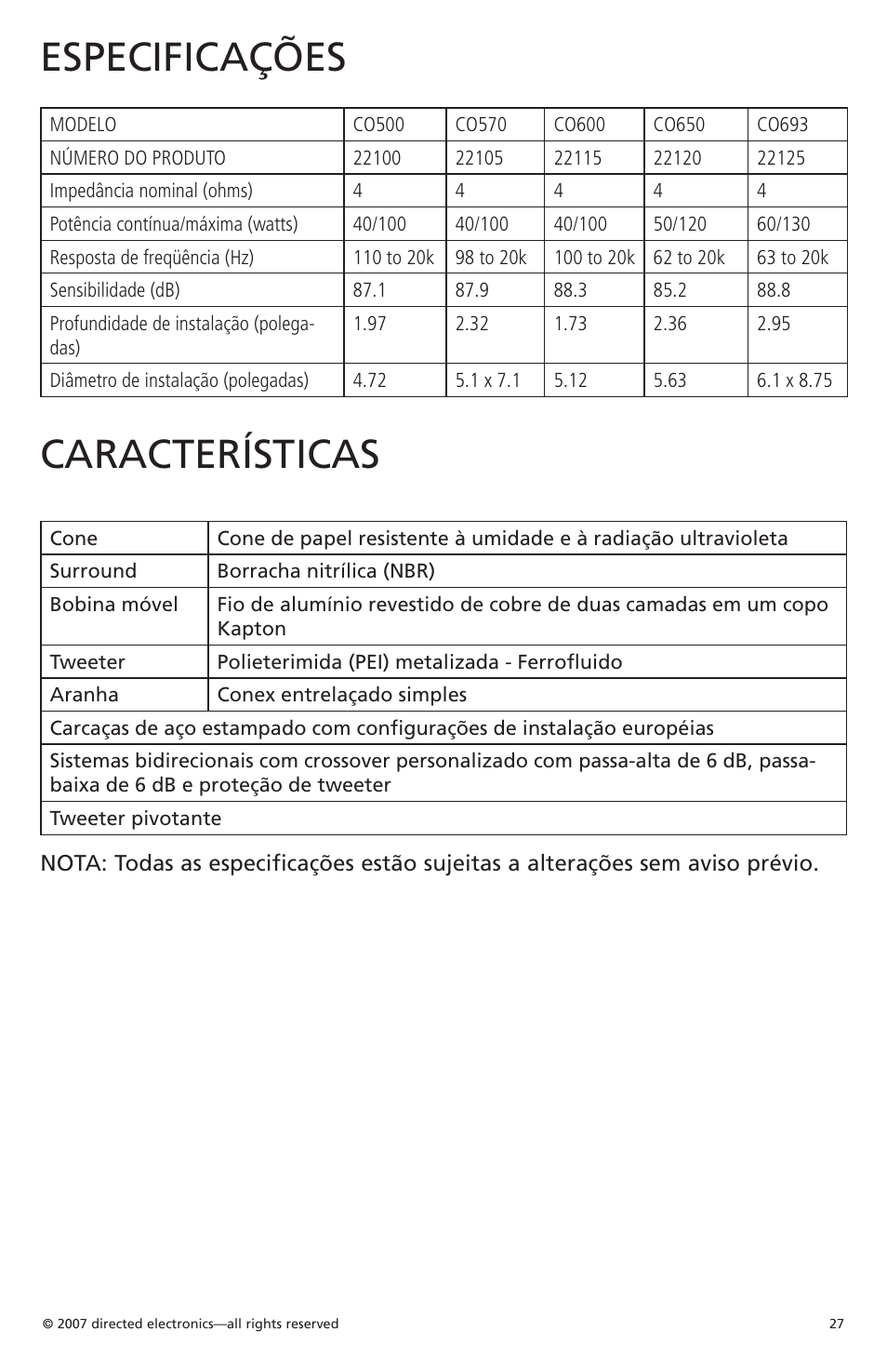 Especificações, Características | Orion CO650 User Manual | Page 23 / 24