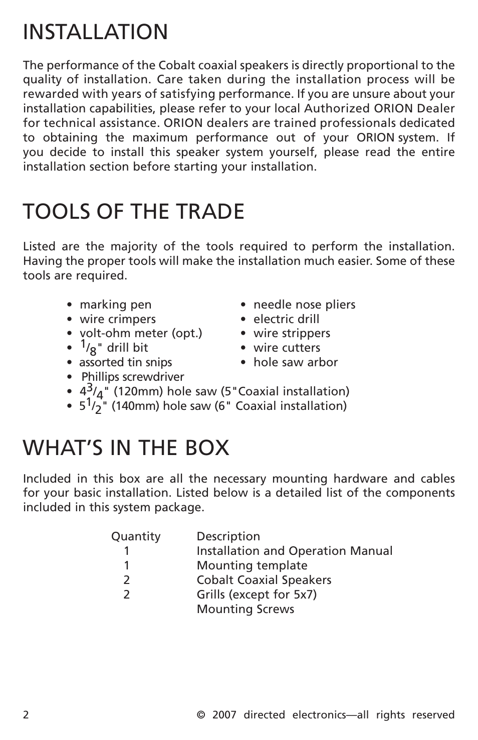 Installation, Tools of the trade, What’s in the box | Orion CO650 User Manual | Page 3 / 24