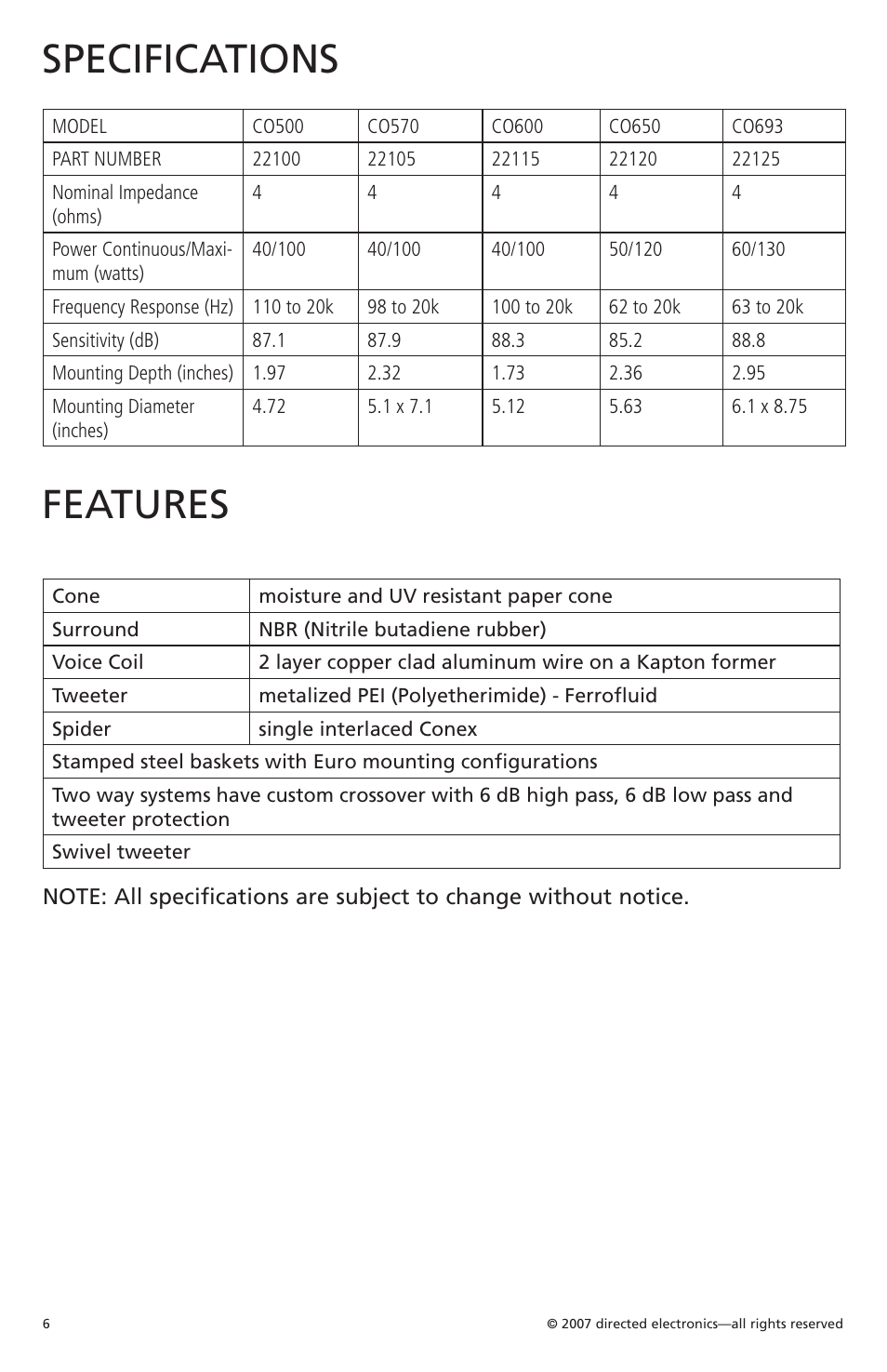 Specifications, Features | Orion CO650 User Manual | Page 7 / 24