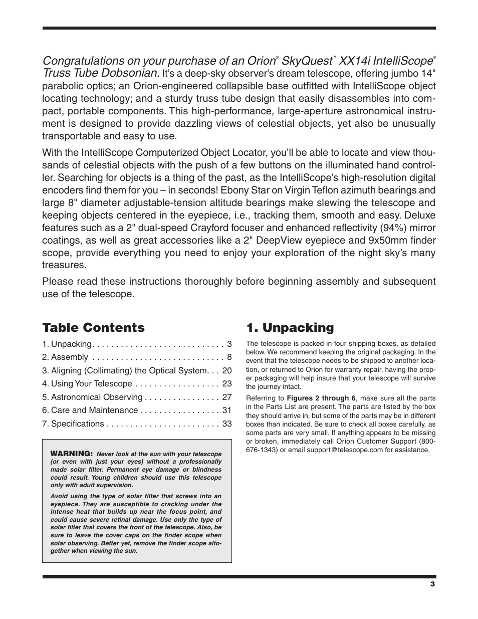 Unpacking, Table contents, Skyquest | Xx14i intelliscope, Truss tube dobsonian | Orion SKYQUEST XX14I User Manual | Page 3 / 34