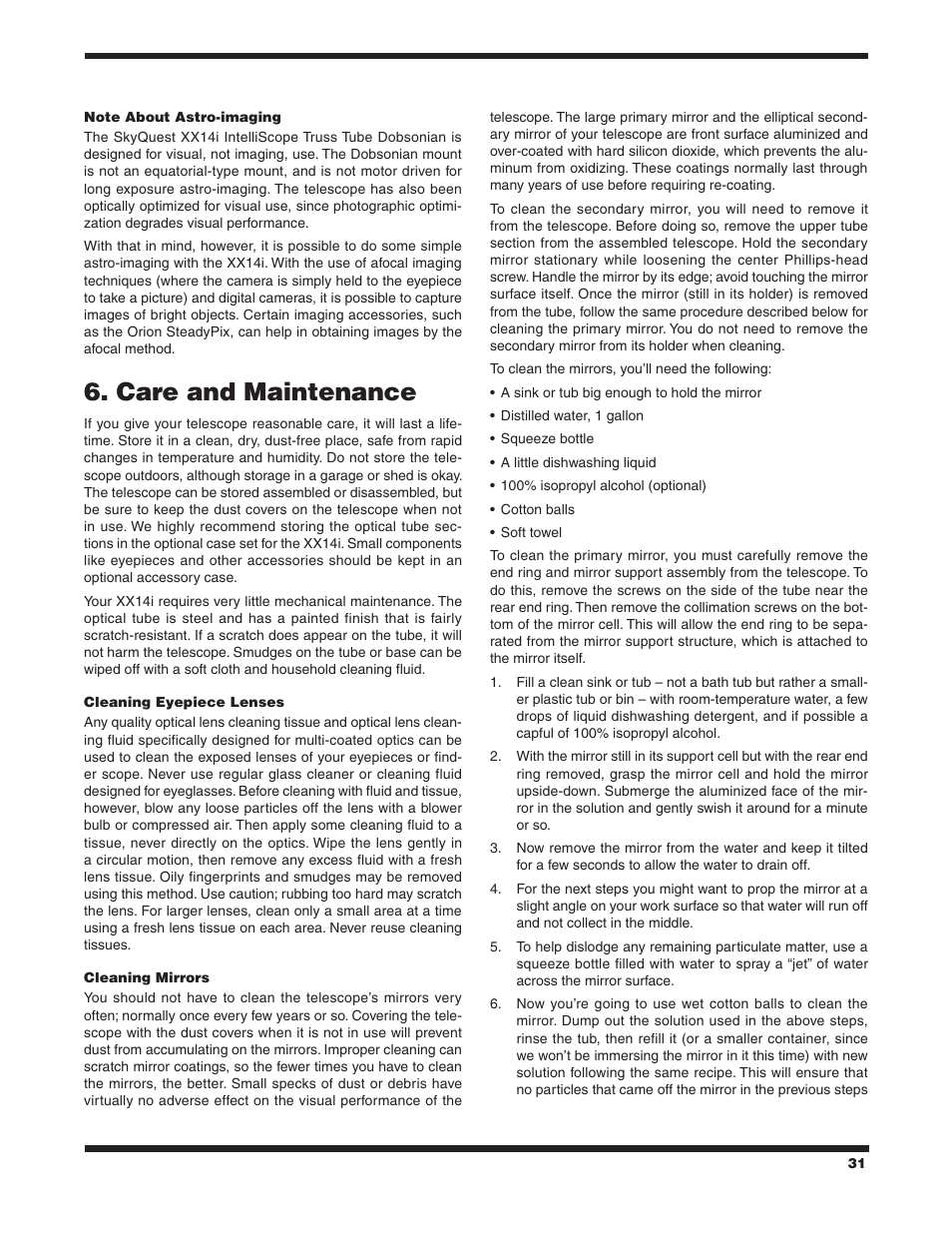 Care and maintenance | Orion SKYQUEST XX14I User Manual | Page 31 / 34