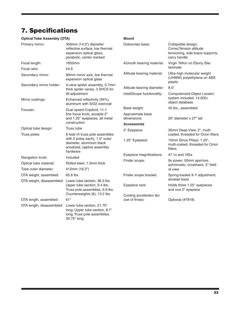 Specifications | Orion SKYQUEST XX14I User Manual | Page 33 / 34