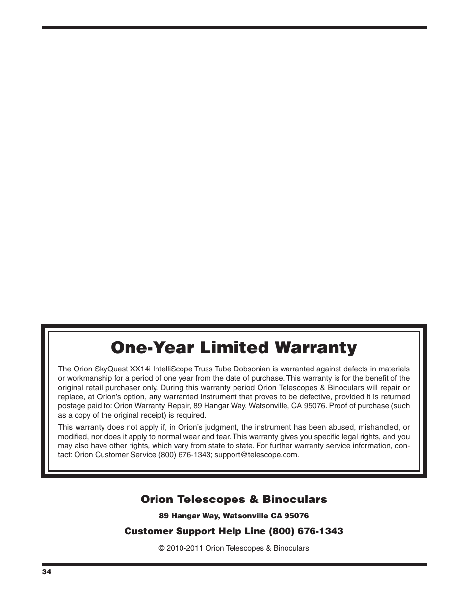 One-year limited warranty | Orion SKYQUEST XX14I User Manual | Page 34 / 34