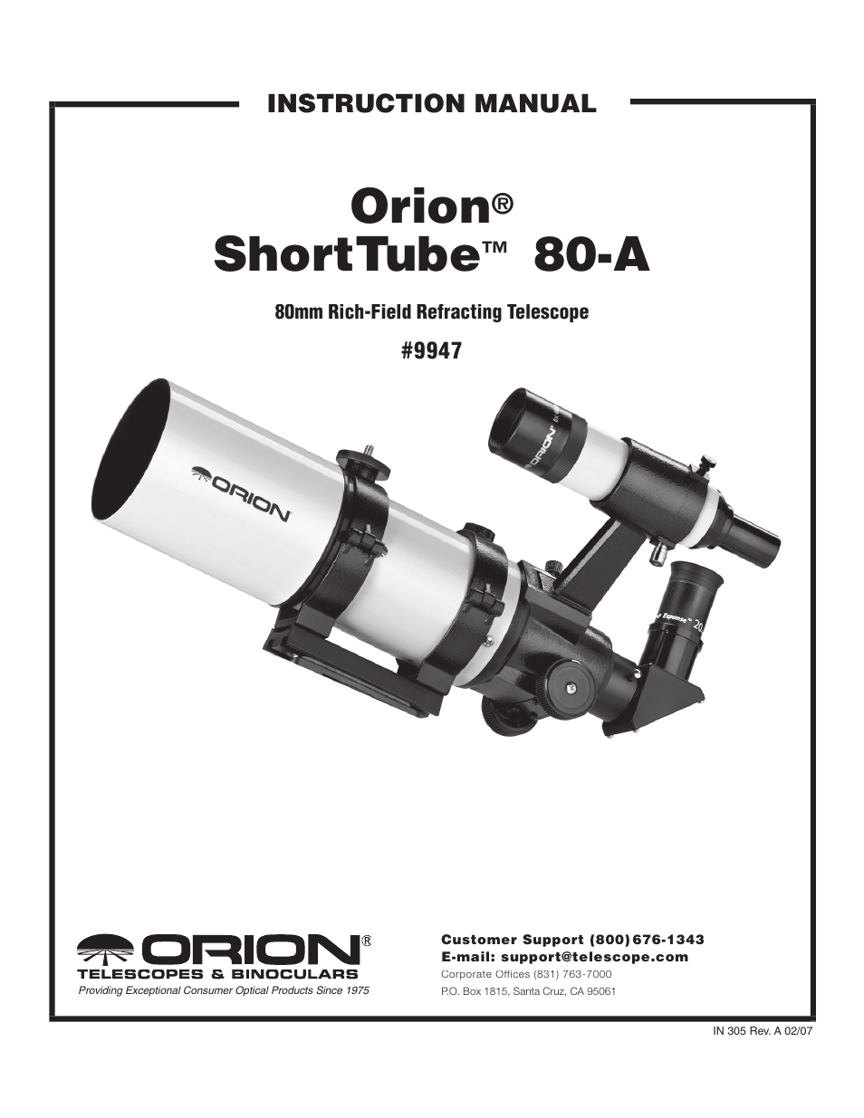 Orion SHORTTUBE 80-A User Manual | 8 pages