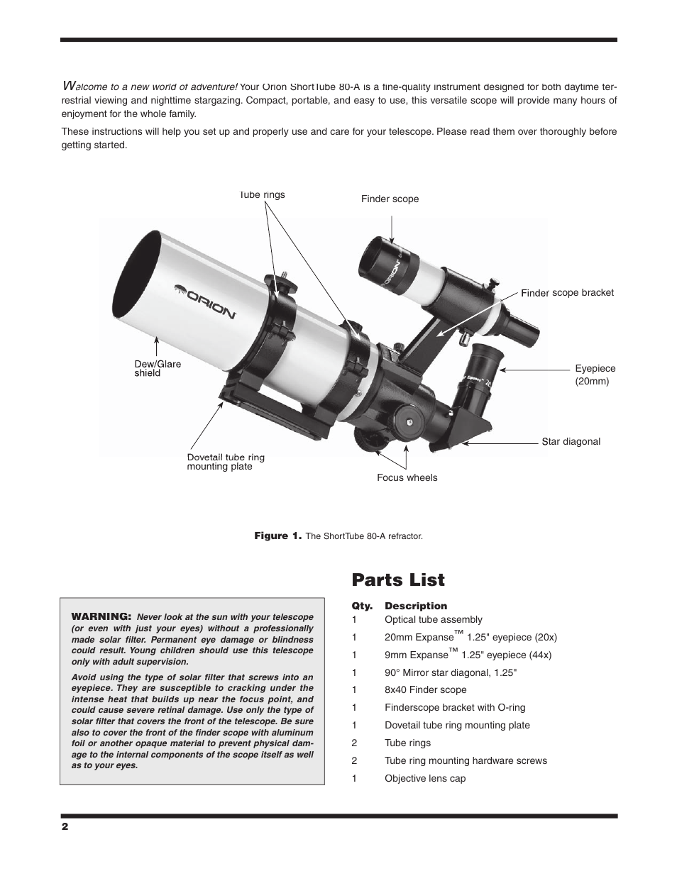 Parts list | Orion SHORTTUBE 80-A User Manual | Page 2 / 8