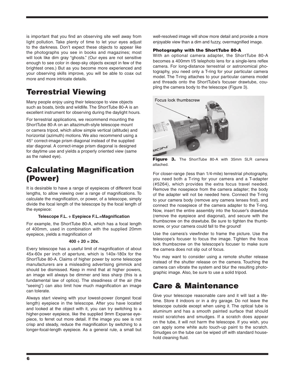 Terrestrial viewing, Calculating magnification (power), Care & maintenance | Orion SHORTTUBE 80-A User Manual | Page 6 / 8