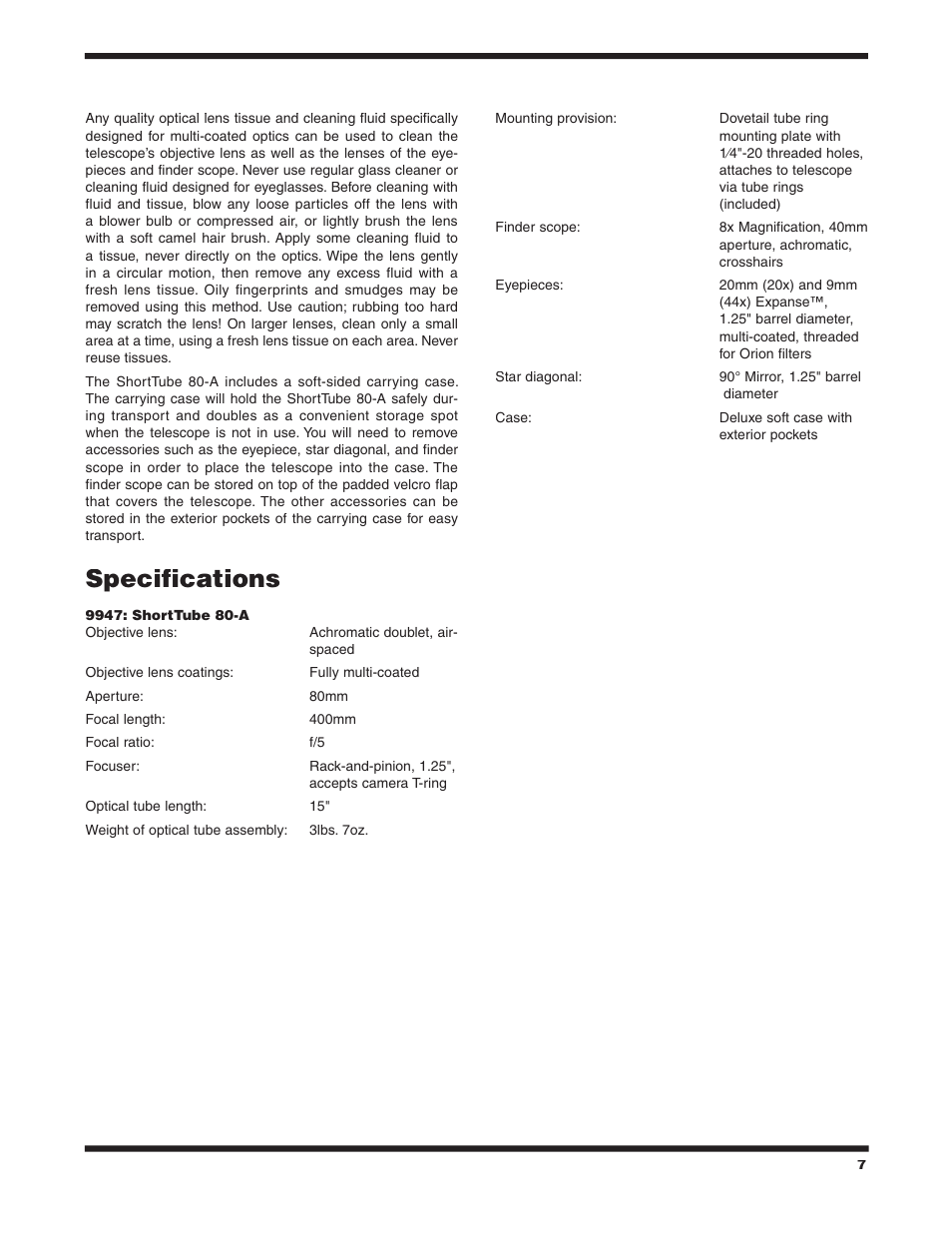 Specifications | Orion SHORTTUBE 80-A User Manual | Page 7 / 8