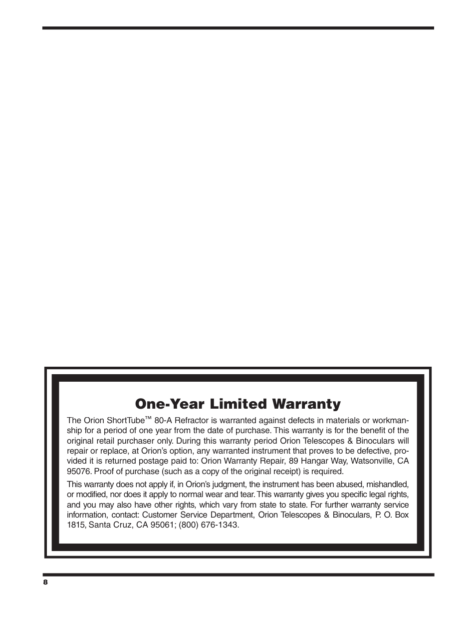 One-year limited warranty | Orion SHORTTUBE 80-A User Manual | Page 8 / 8