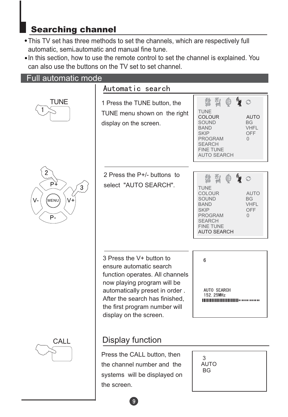 Searching channel, Full automatic mode, Display function | Orion TV/DVD-1432 User Manual | Page 10 / 36