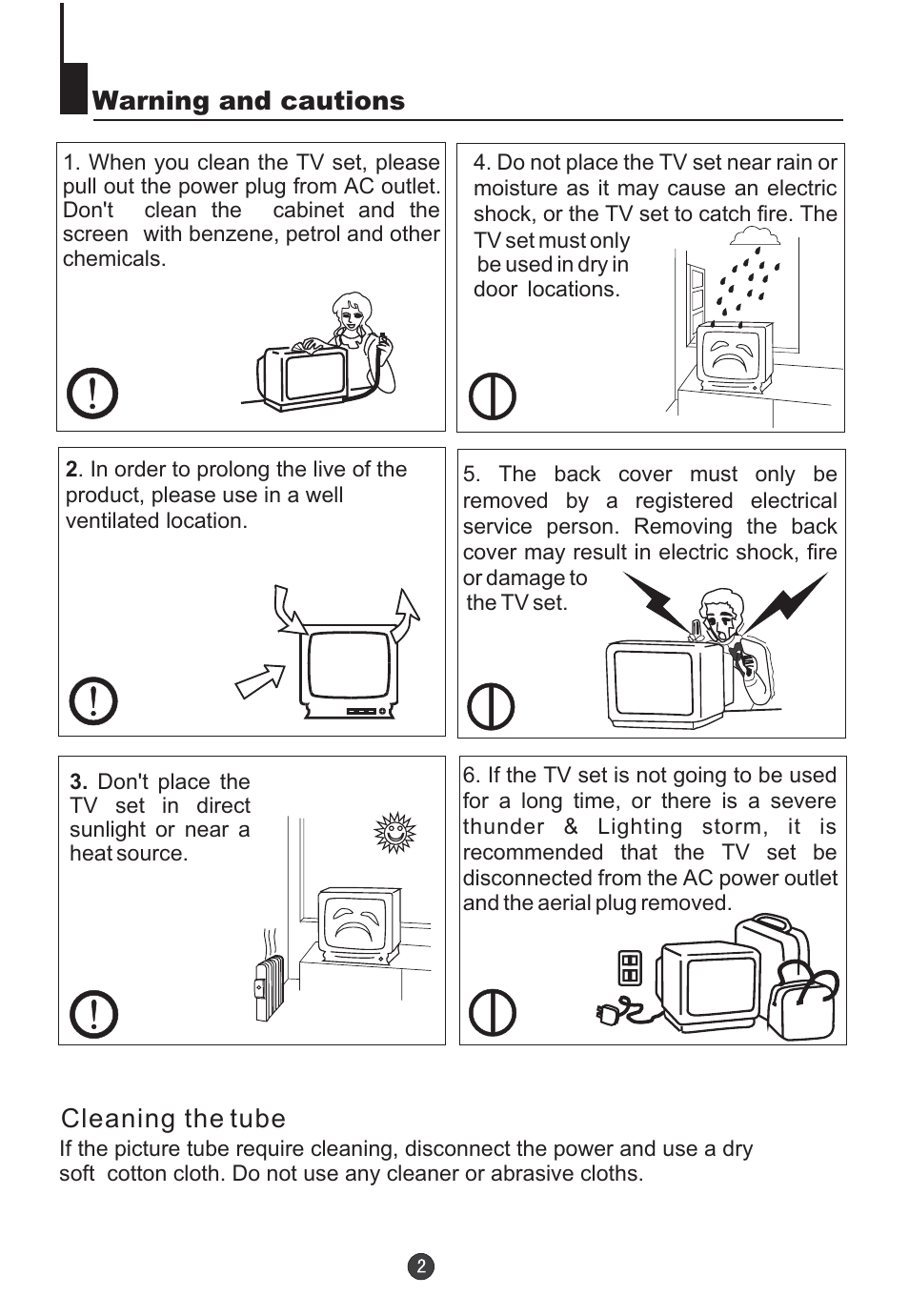 Warning and cautions, Cleaning the tube | Orion TV/DVD-1432 User Manual | Page 3 / 36