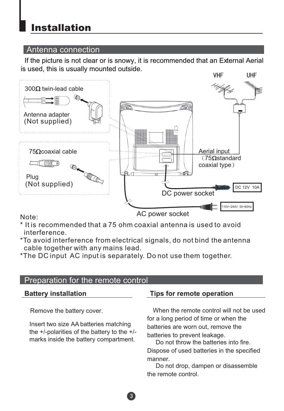 Installation, Preparation for the remote control, Antenna connection | Orion TV/DVD-1432 User Manual | Page 4 / 36